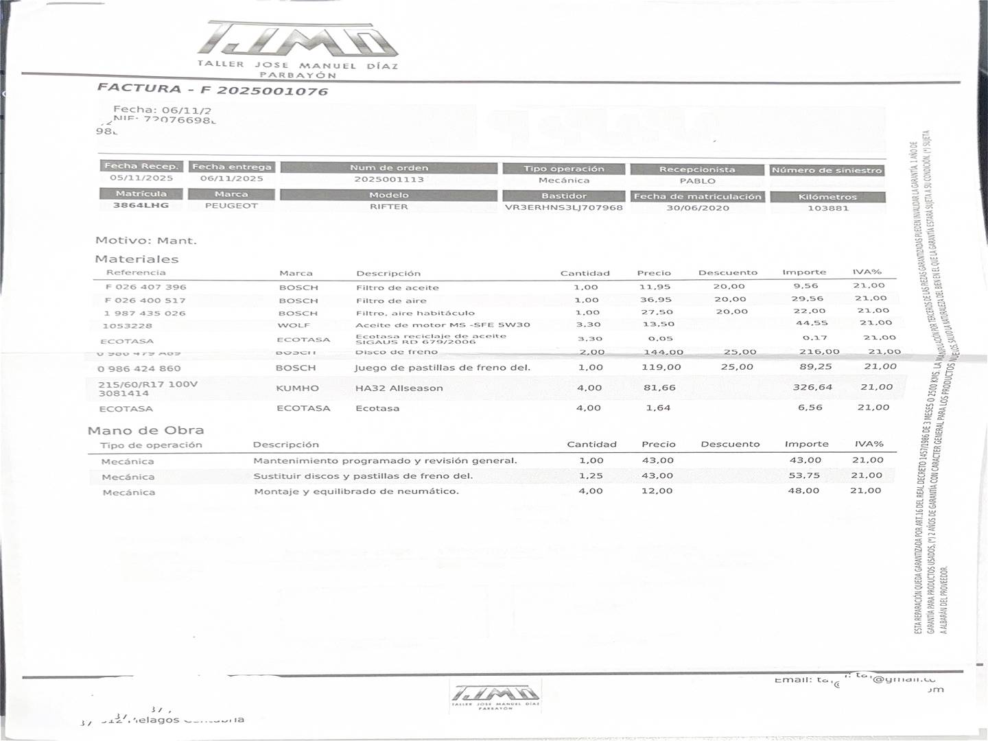 Foto del mantenimiento del Peugeot Rifter Peugeot Rifter GT Line Long PureTech EAT8 (130 CV)