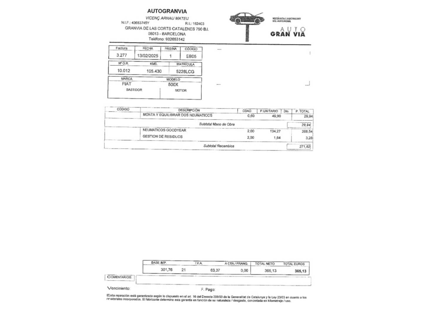 Foto del mantenimiento del Fiat 500X Fiat 500X 1.6 MultiJet S&S Cross (120 CV)