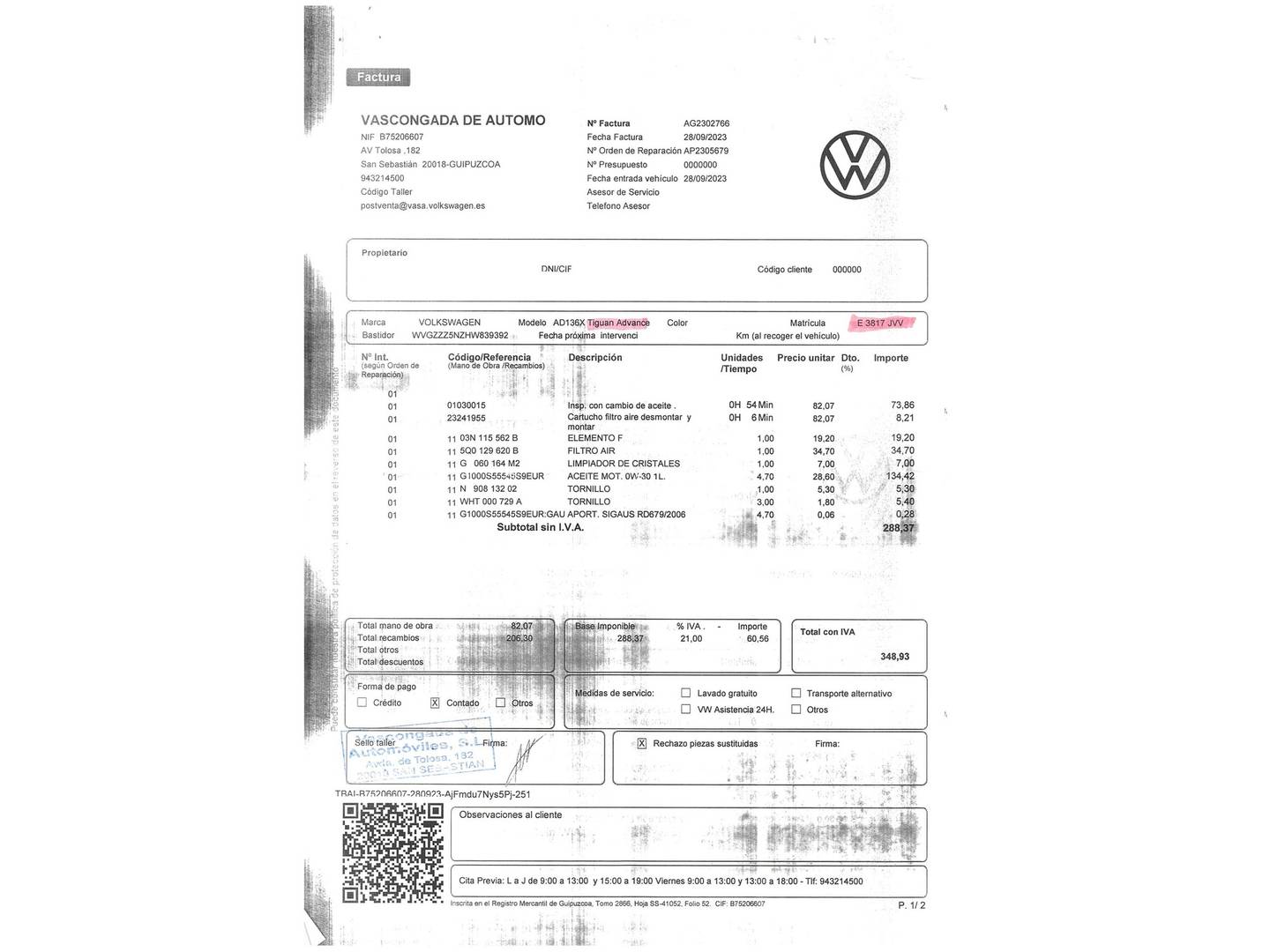 Foto del mantenimiento del Volkswagen Tiguan Volkswagen Tiguan Advance 2.0 TDI BMT (150 CV) Pack R-Line