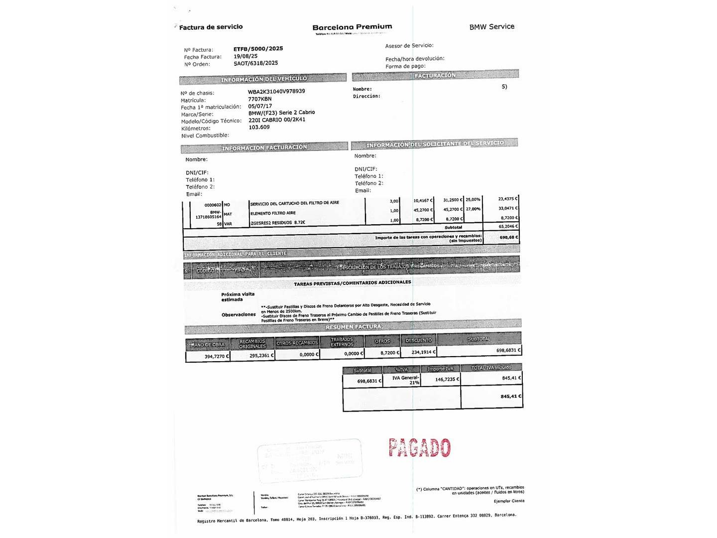 Foto del mantenimiento del BMW Serie 2 BMW Serie 2 220i Cabrio (184 CV) Pack M