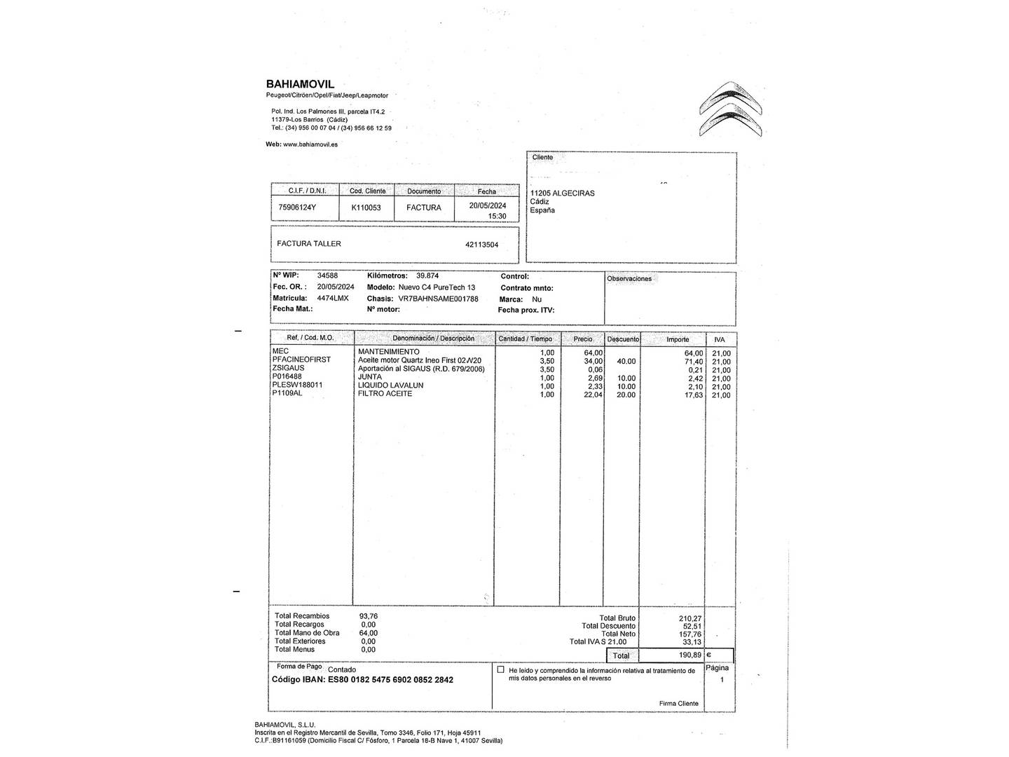 Foto del mantenimiento del Citroën C4 Citroën C4 PureTech 130 S&S 6v Feel Pack (130 CV)