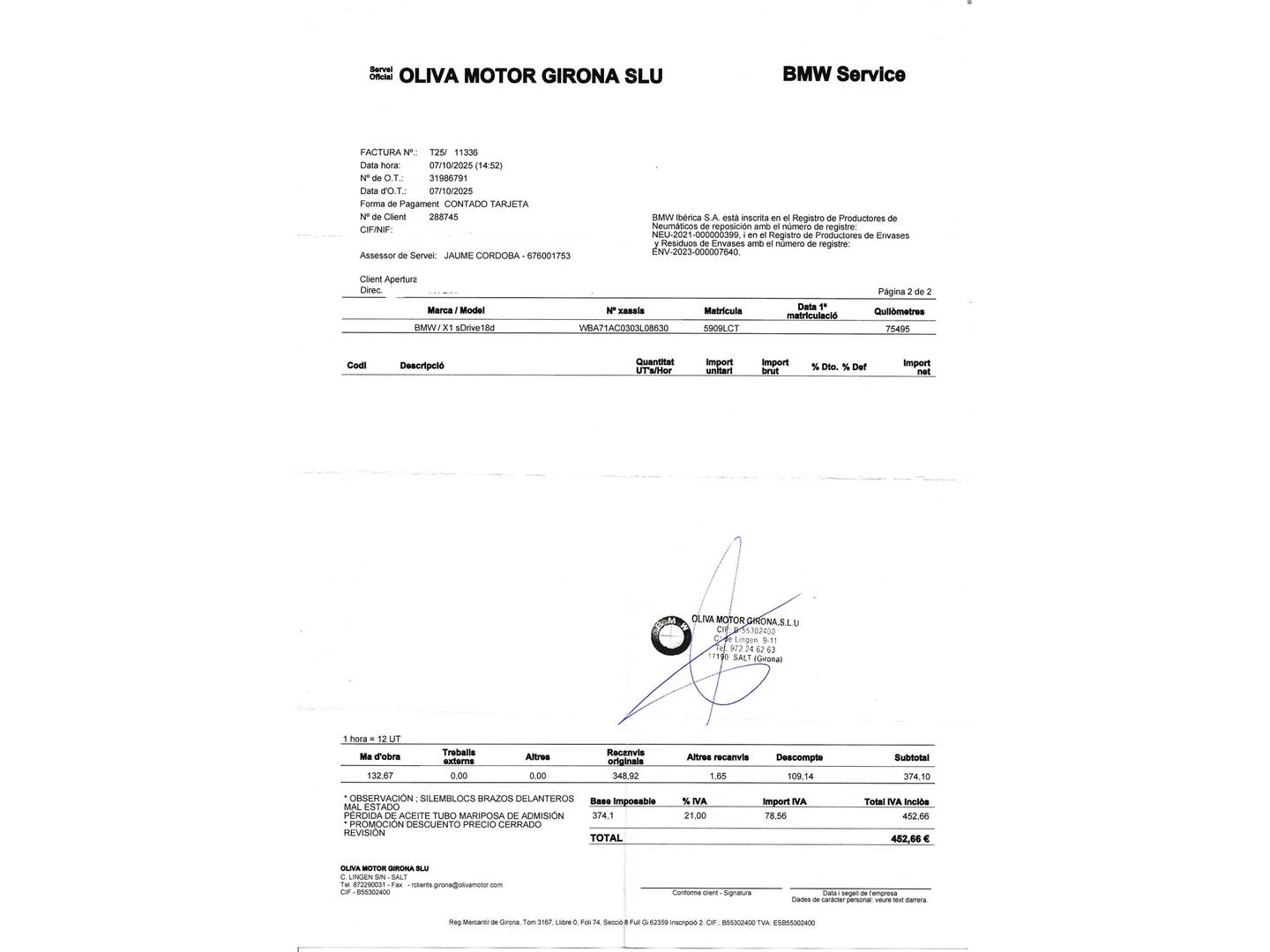 Foto del mantenimiento del BMW X1 BMW X1 sDrive18d (150 CV)