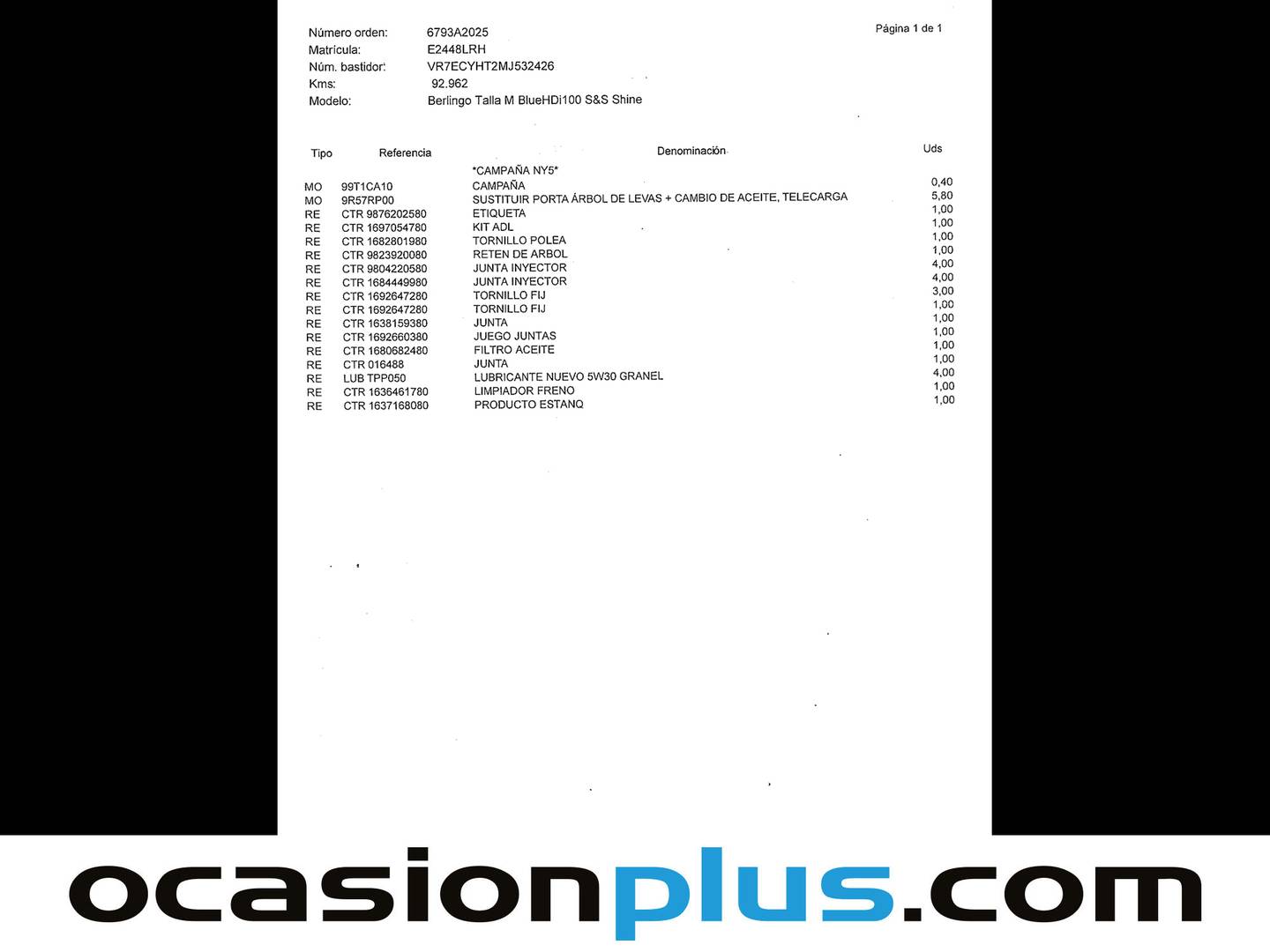 Foto del mantenimiento del Citroën Berlingo Citroën Berlingo BlueHDi 100 S&S Talla M Shine (102 CV)