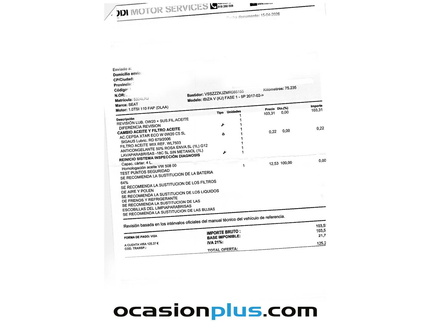 Foto del mantenimiento del Seat Ibiza Seat Ibiza 1.0 TSI FR Go DSG (110 CV)
