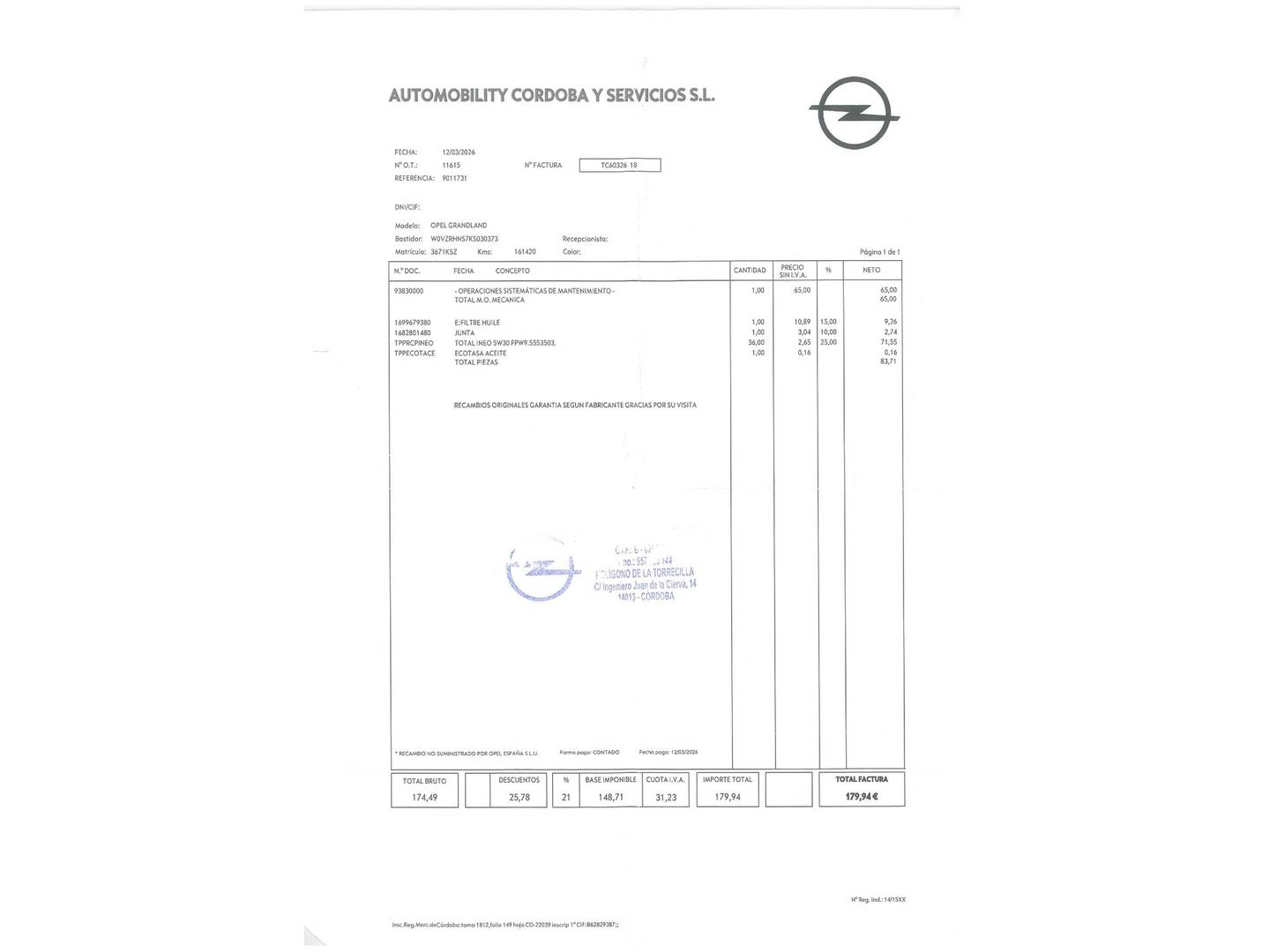 Foto del mantenimiento del Opel Grandland X Opel Grandland X 1.2 Turbo Selective (130 CV)