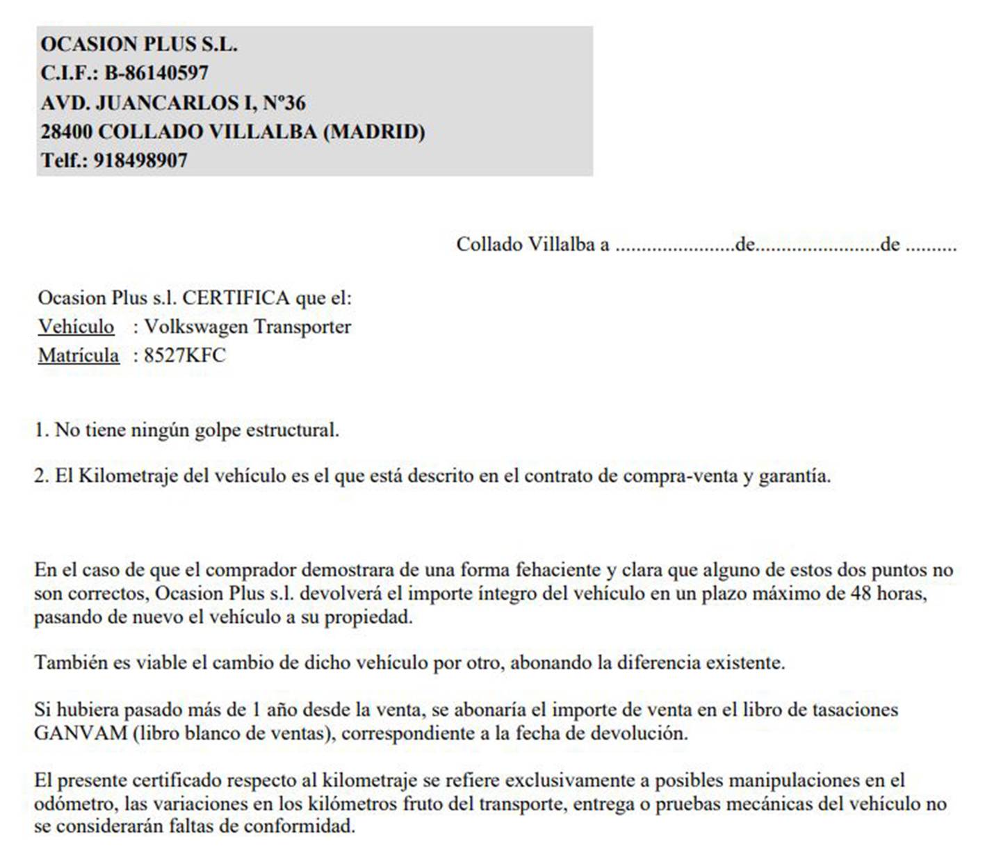Foto del certificado del Volkswagen Transporter Volkswagen Transporter Batalla Corta TN 2.0 TDI BMT (102 CV)