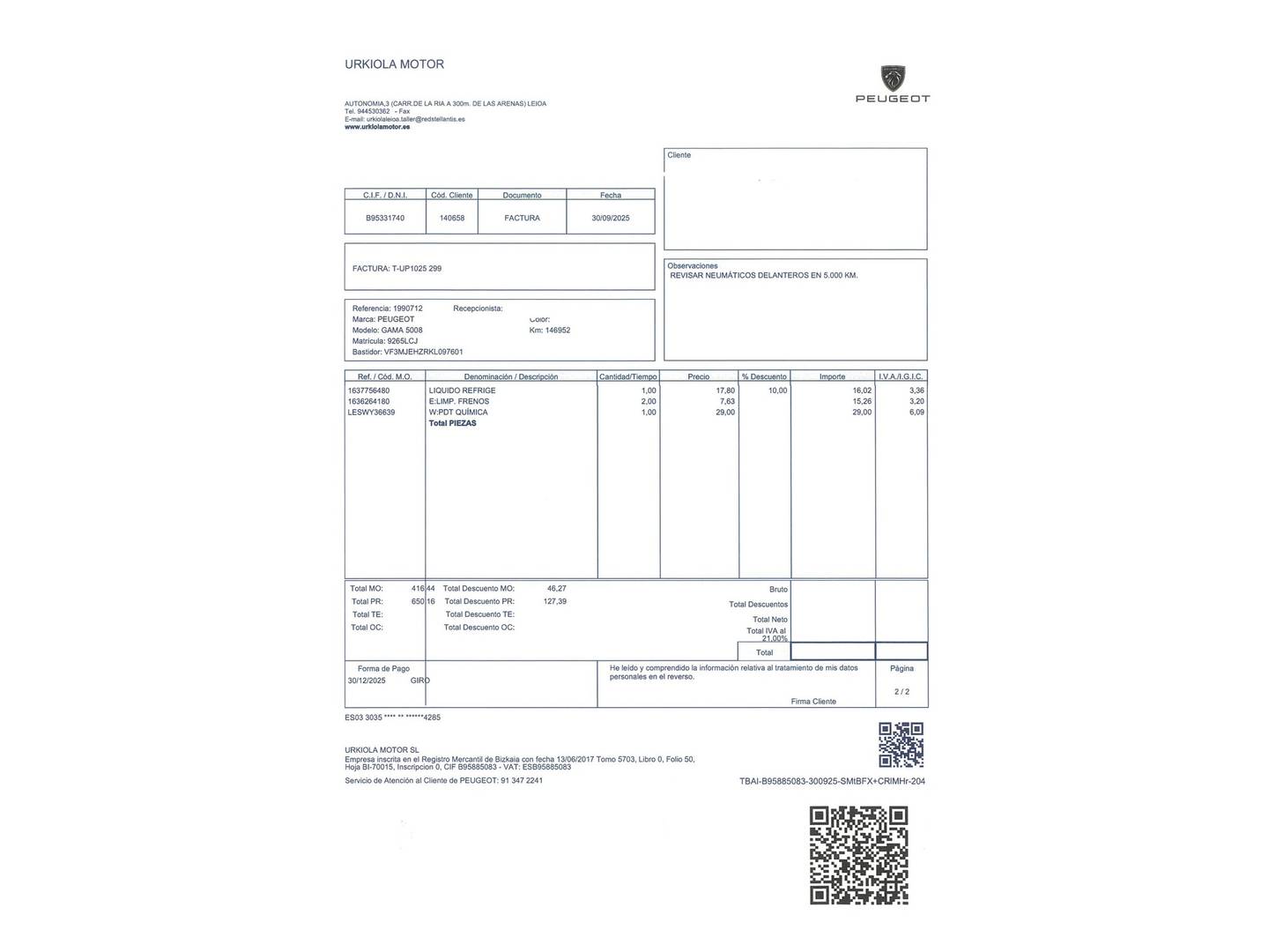 Foto del mantenimiento del Peugeot 5008 Peugeot 5008 BlueHDi 180 S&S GT EAT8 (180 CV)