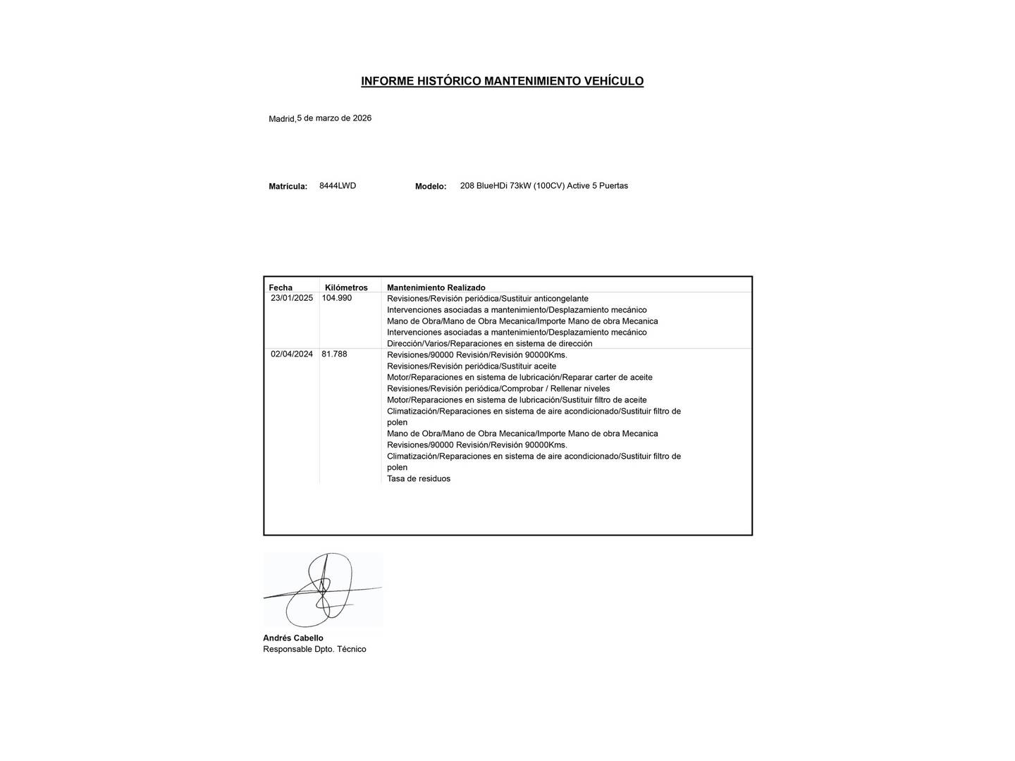 Foto del mantenimiento del Peugeot 208 Peugeot 208 BlueHDi 100 Active (100 CV)