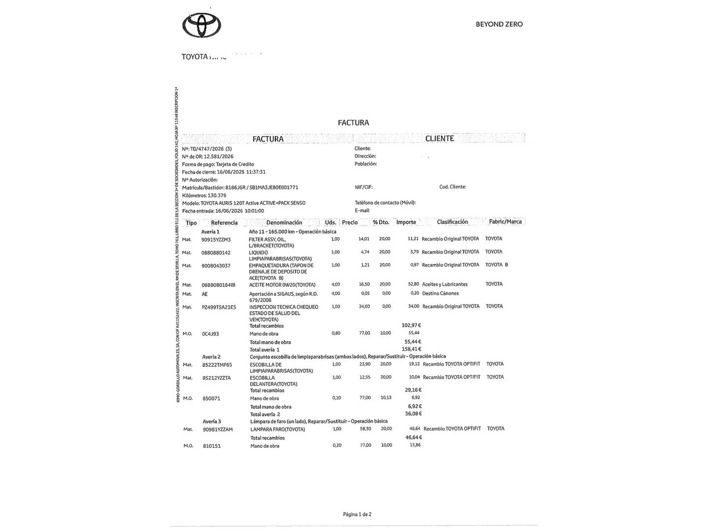 Foto del mantenimiento del Toyota Auris Toyota Auris 120T Active (116 CV)