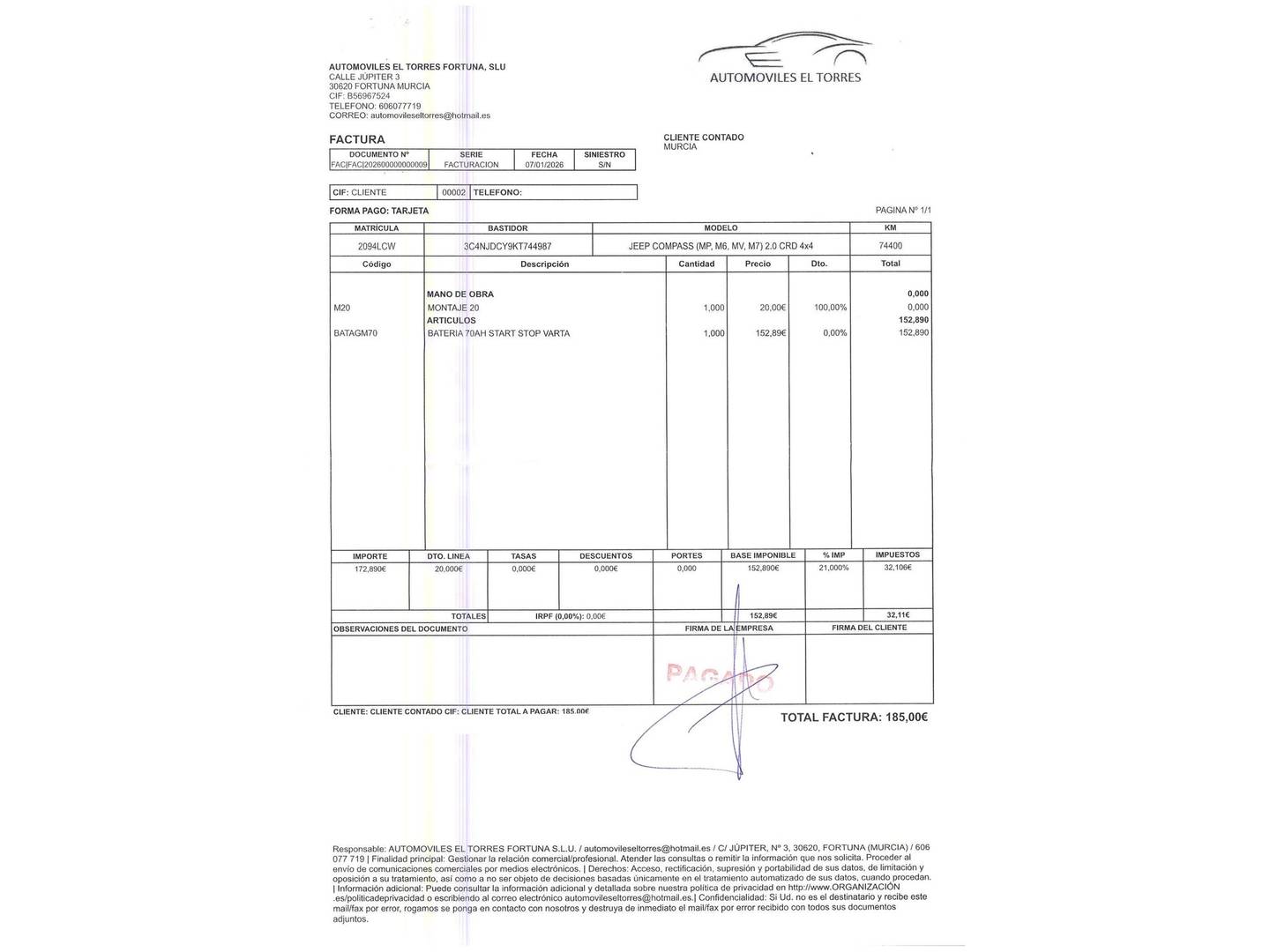 Foto del mantenimiento del Jeep Compass Jeep Compass 2.0 Multijet Limited 4x4 ATX (140 CV)