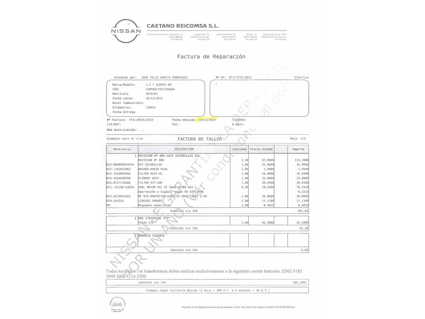 Foto del mantenimiento del Nissan JUKE Nissan Juke 1.6 N-Connecta 4x2 XTronic (117 CV)