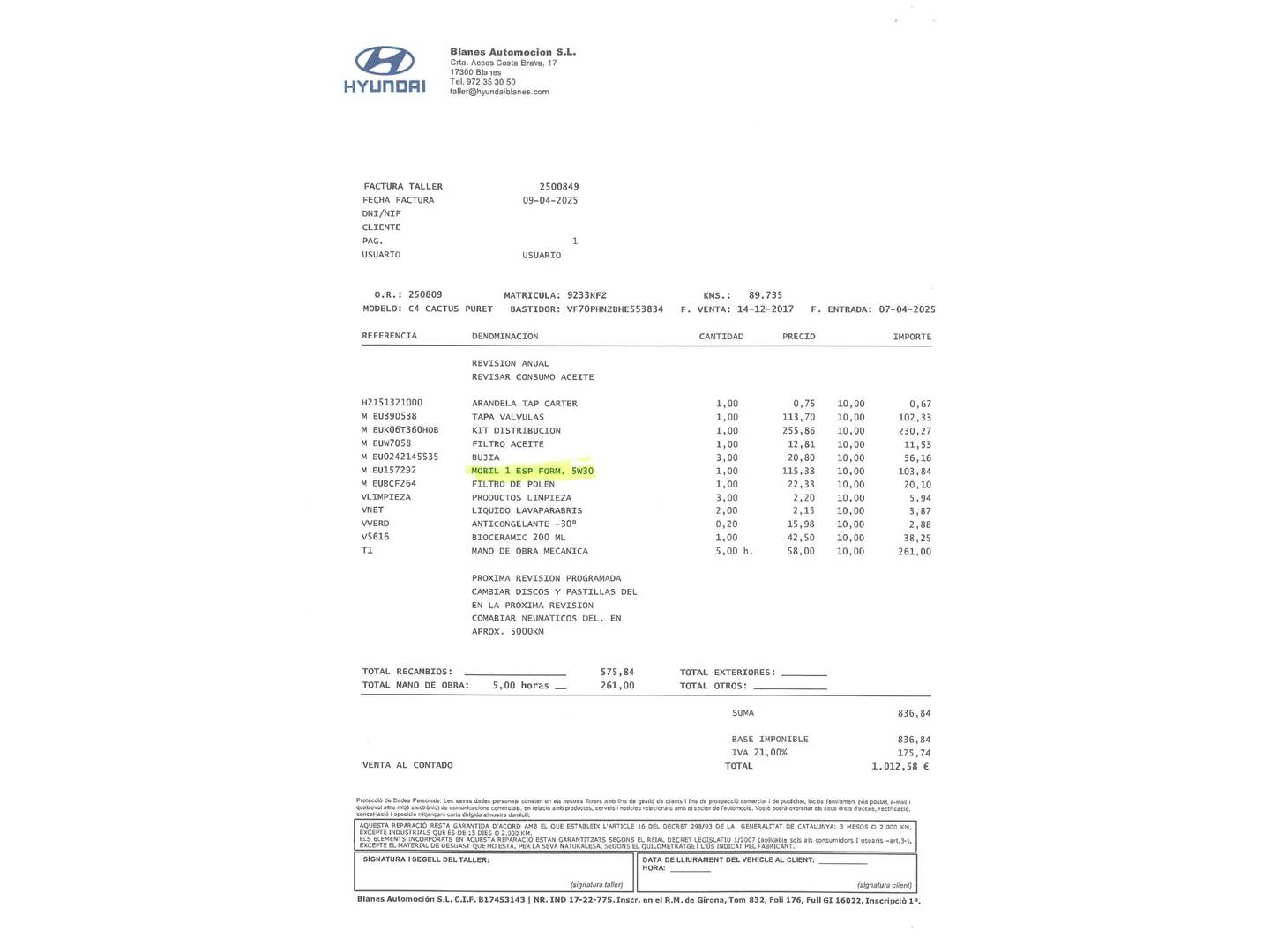 Foto del mantenimiento del Citroën C4 Cactus Citroen C4 Cactus PureTech 110 S&S Rip Curl (110 CV)