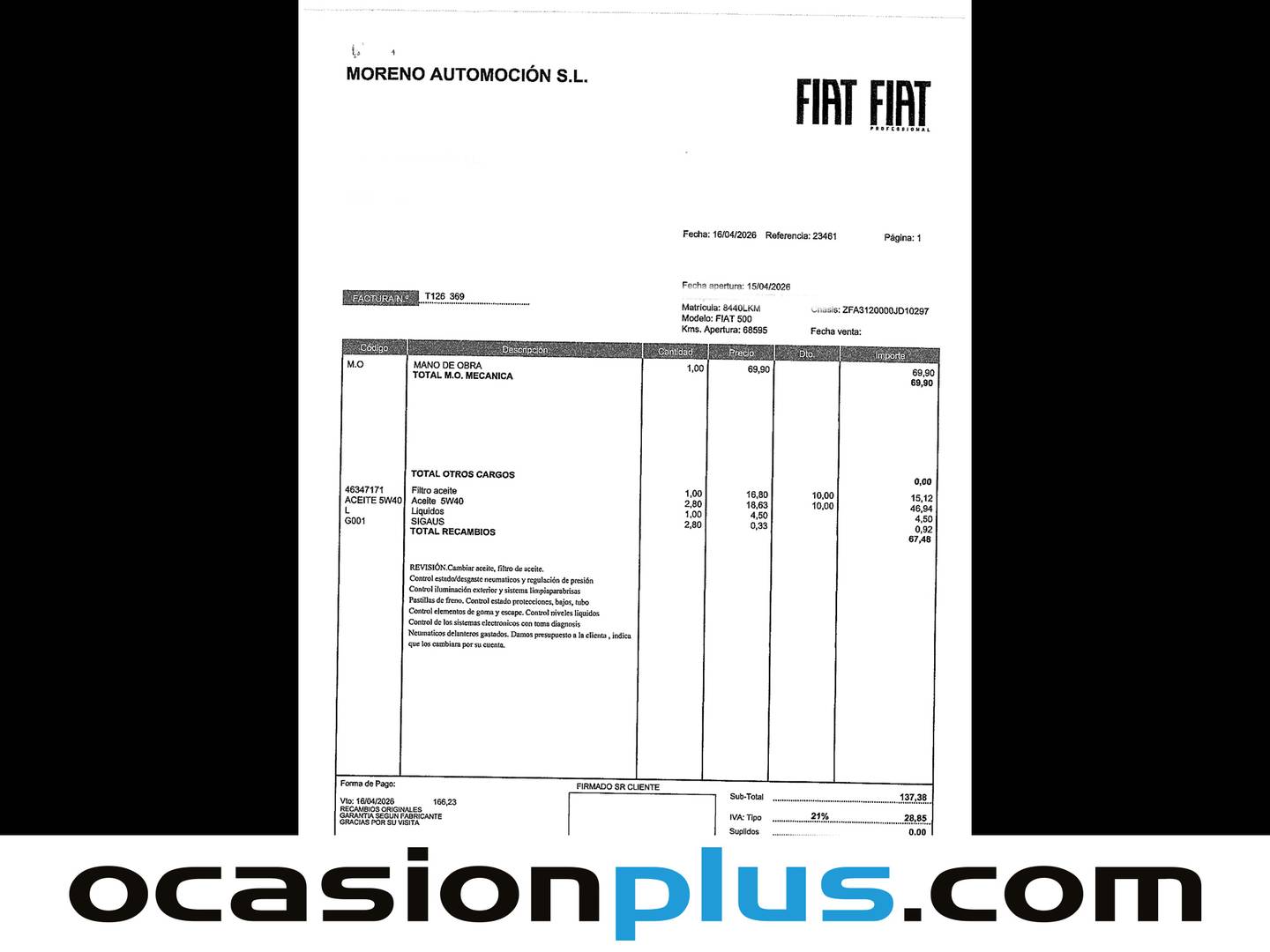 Foto del mantenimiento del Fiat 500 Fiat 500 Lounge 1.2 8v 51KW (69 CV)