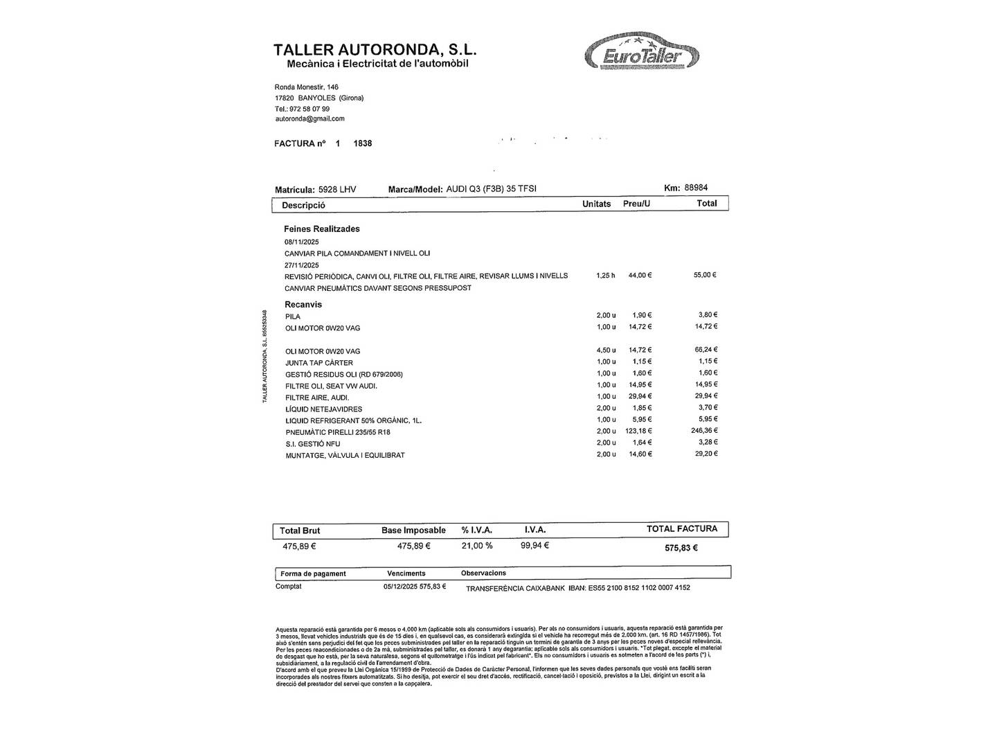 Foto del mantenimiento del Audi Q3 Audi Q3 Advanced 35 TFSI (150 CV)