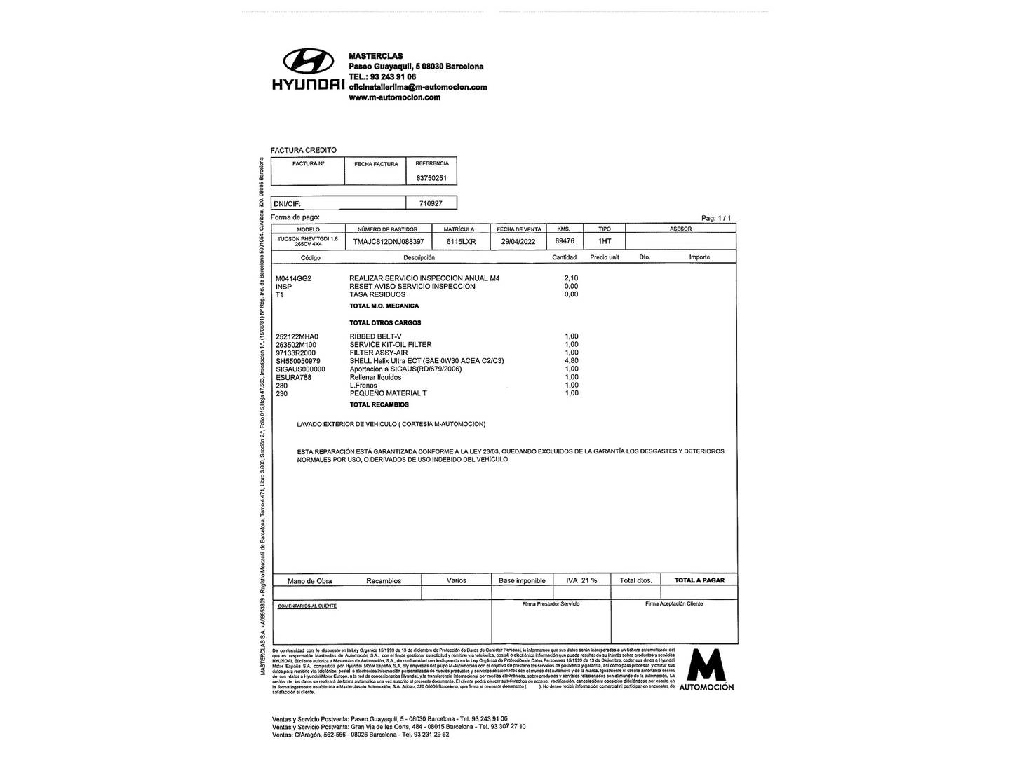 Foto del mantenimiento del Hyundai Tucson Hyundai Tucson 1.6 TGDI PHEV Maxx 4X4 Auto (265 CV)