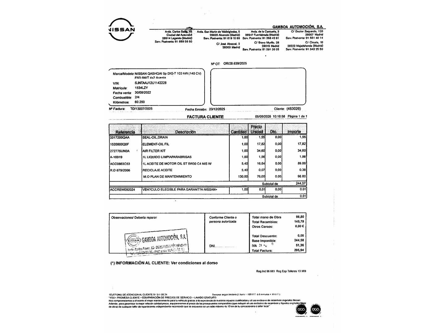 Foto del mantenimiento del Nissan QASHQAI Nissan Qashqai DIG-T 140 mHEV Tekna 4x2 (140 CV)