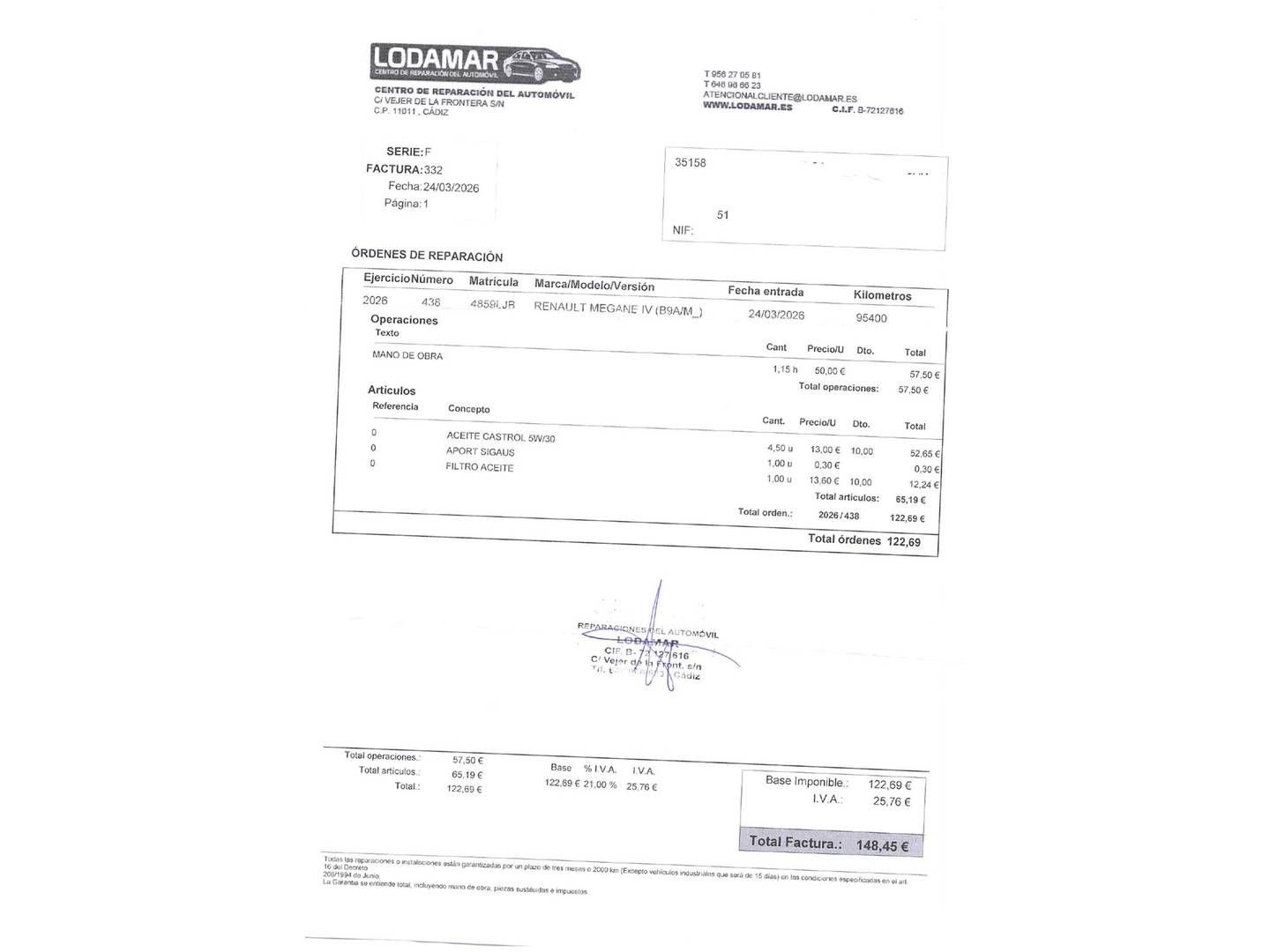 Foto del mantenimiento del Renault Mégane Renault Megane Limited TCe (115 CV)