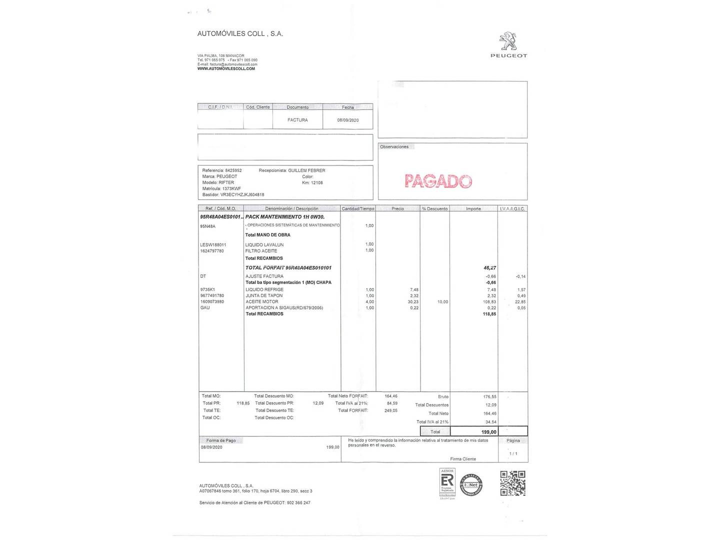 Foto del mantenimiento del Peugeot Rifter Peugeot Rifter BlueHDi 130 S&S Allure Long (130 CV) 7 Plazas