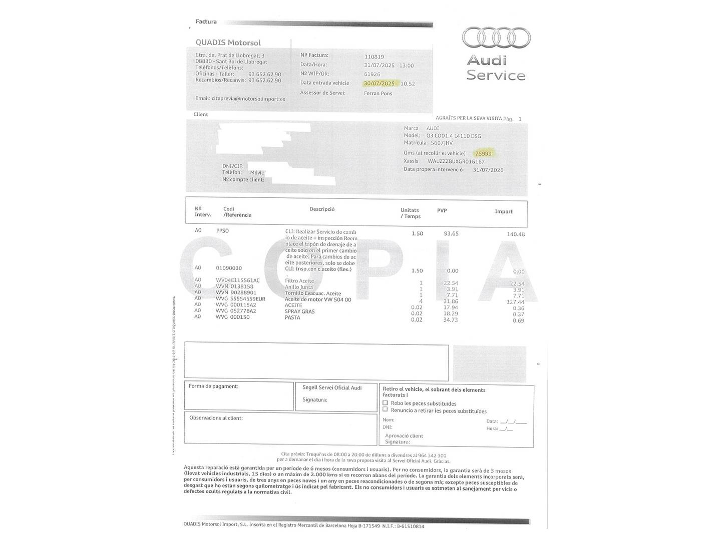 Foto del mantenimiento del Audi Q3 Audi Q3 Design Edition 1.4 TFSI CoD (150 CV) S tronic