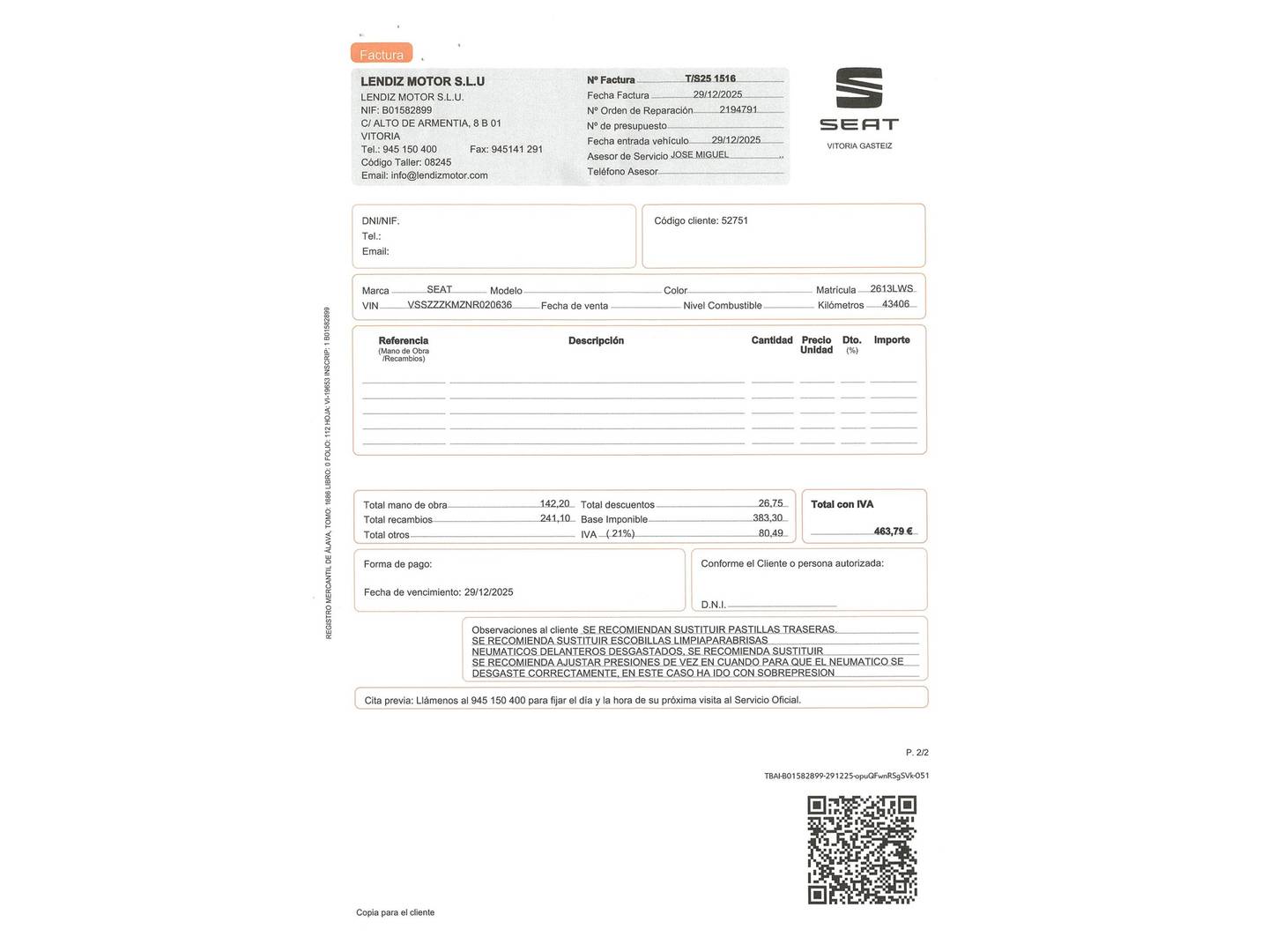 Foto del mantenimiento del Cupra Formentor Cupra Formentor 2.0 TSI 4Drive DSG (190 CV)
