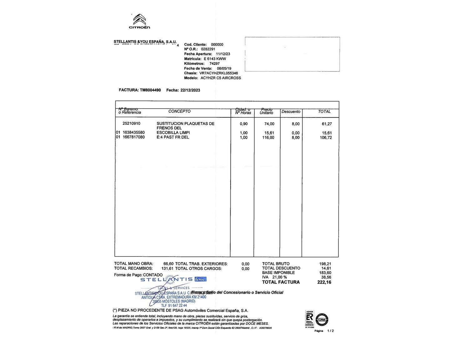 Foto del mantenimiento del Citroën C5 Aircross Citroën C5 Aircross BlueHdi 130 S&S Shine (131 CV)