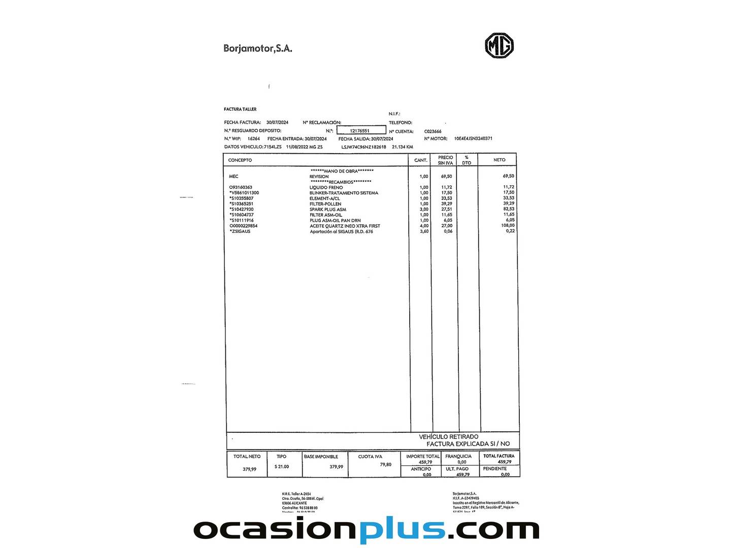 Foto del mantenimiento del MG ZS MG ZS Luxury Auto (111 CV)
