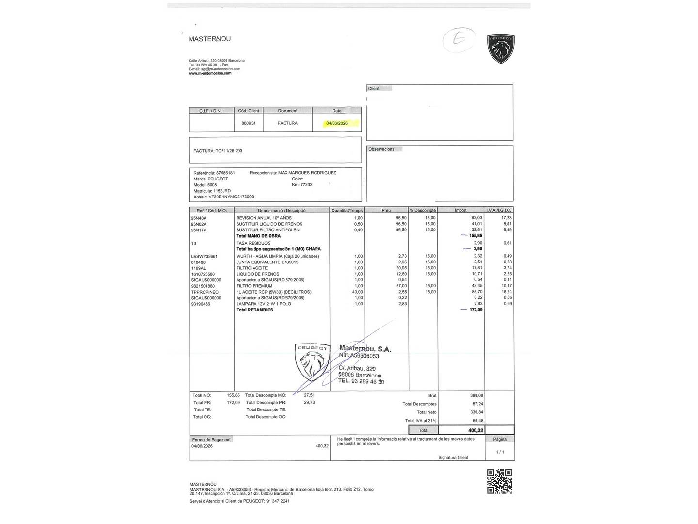 Foto del mantenimiento del Peugeot 5008 Peugeot 5008 Allure 1.2 PureTech S&S (130 CV) 7 Plazas