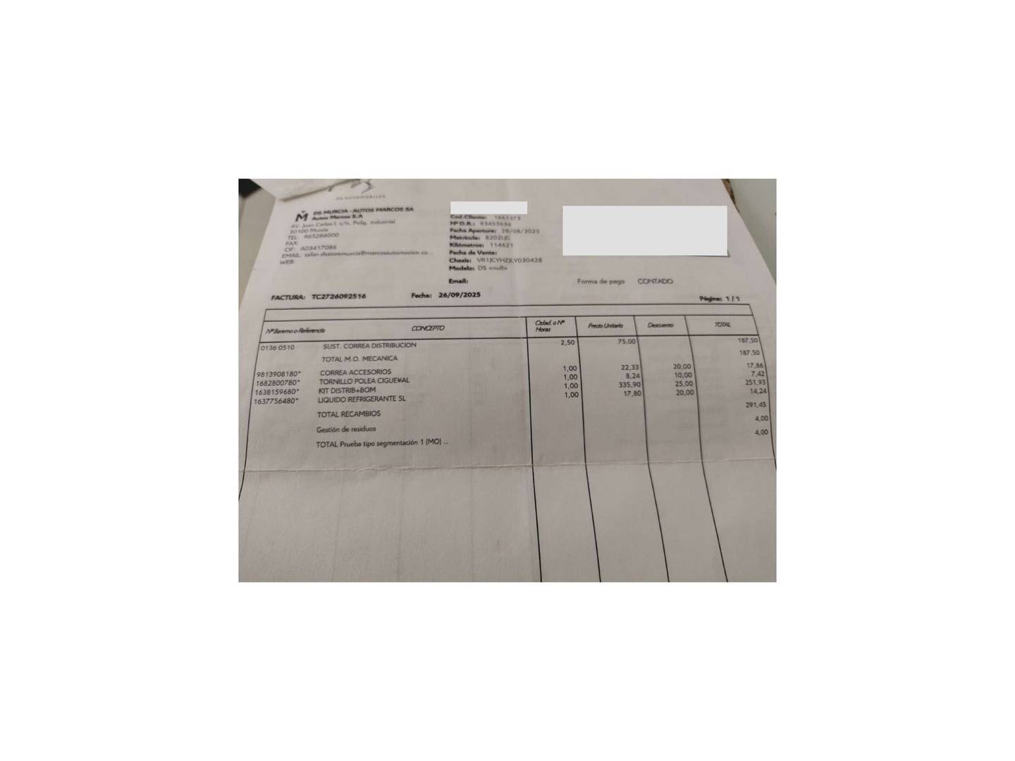 Foto del mantenimiento del DS DS 7 Crossback DS DS7 Crossback BlueHDi 130 Be Chic (130 CV)