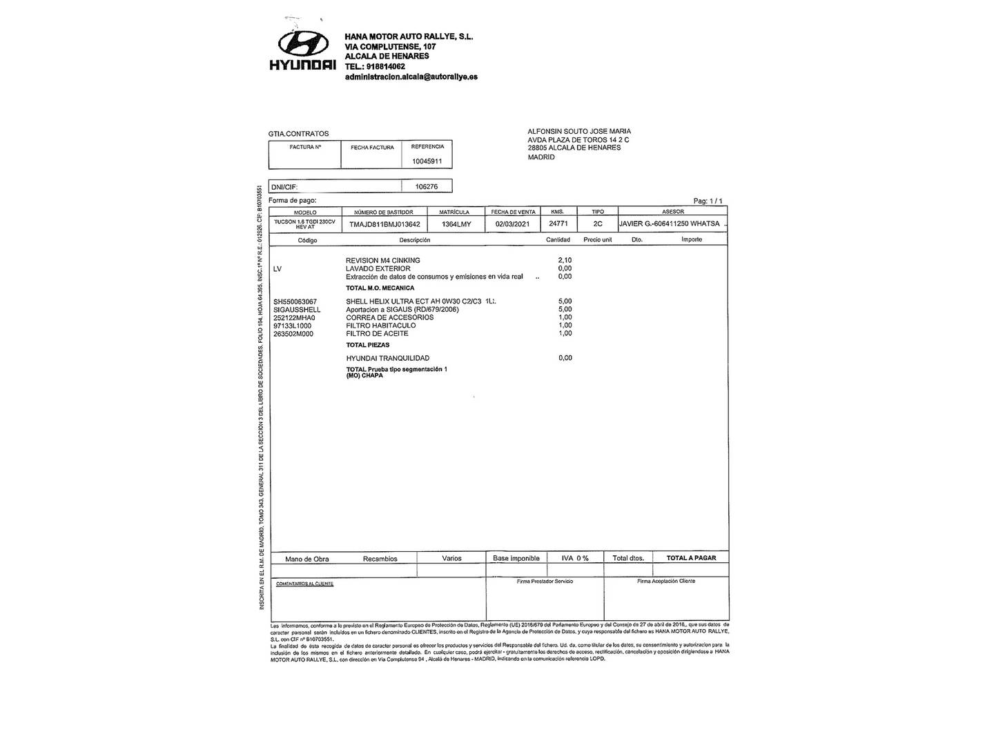 Foto del mantenimiento del Hyundai Tucson Hyundai Tucson 1.6 TGDI HEV Tecno Auto 2C (230 CV)