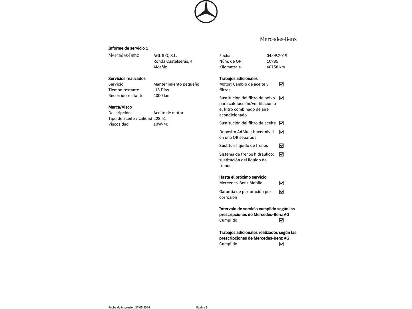 Foto del mantenimiento del Mercedes Clase V Mercedes Clase V 220 d Largo (163 CV) Camper 6 Plazas