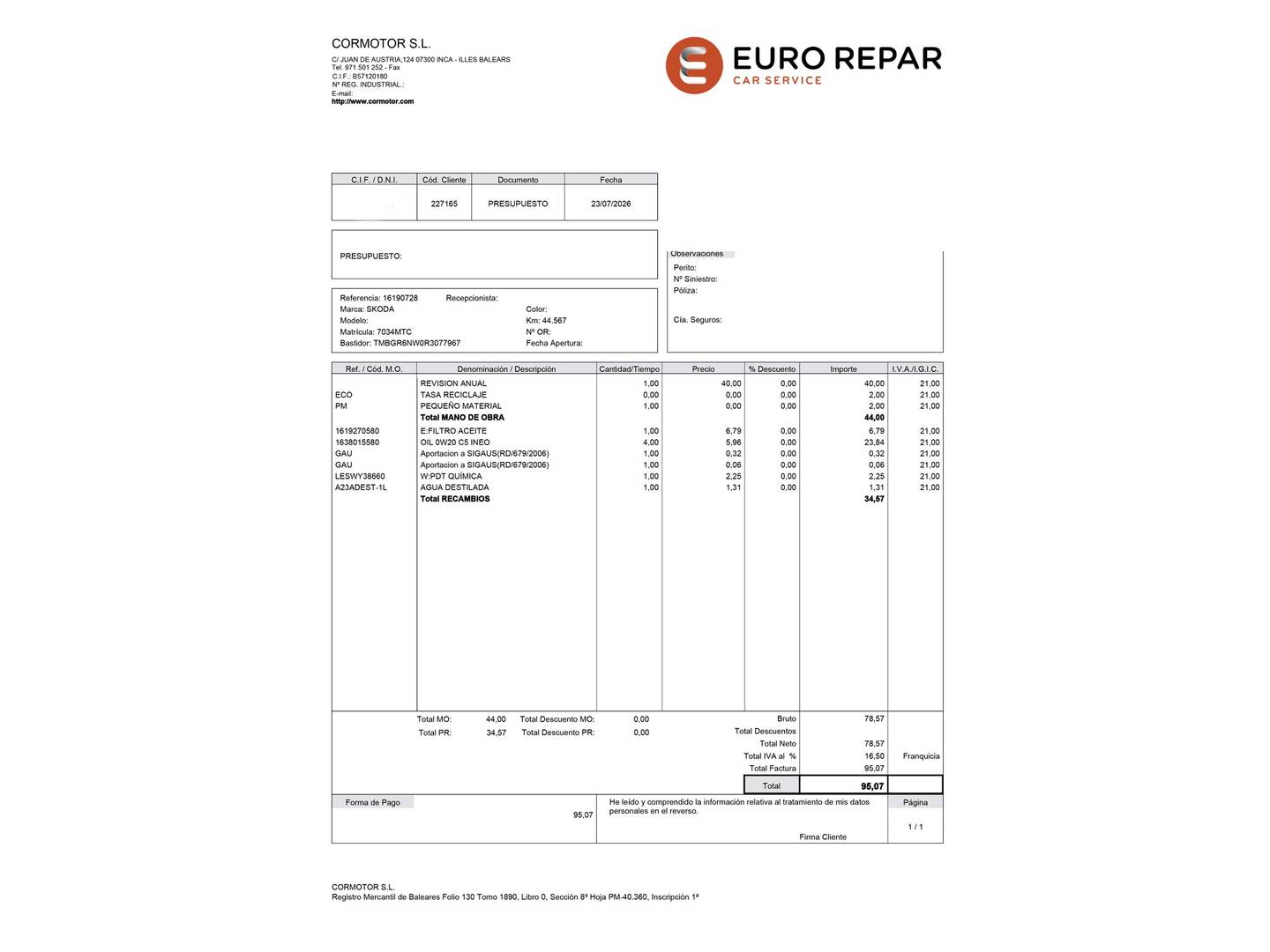 Foto del mantenimiento del Skoda Kamiq Skoda Kamiq 1.0 TSI Design DSG (115 CV)