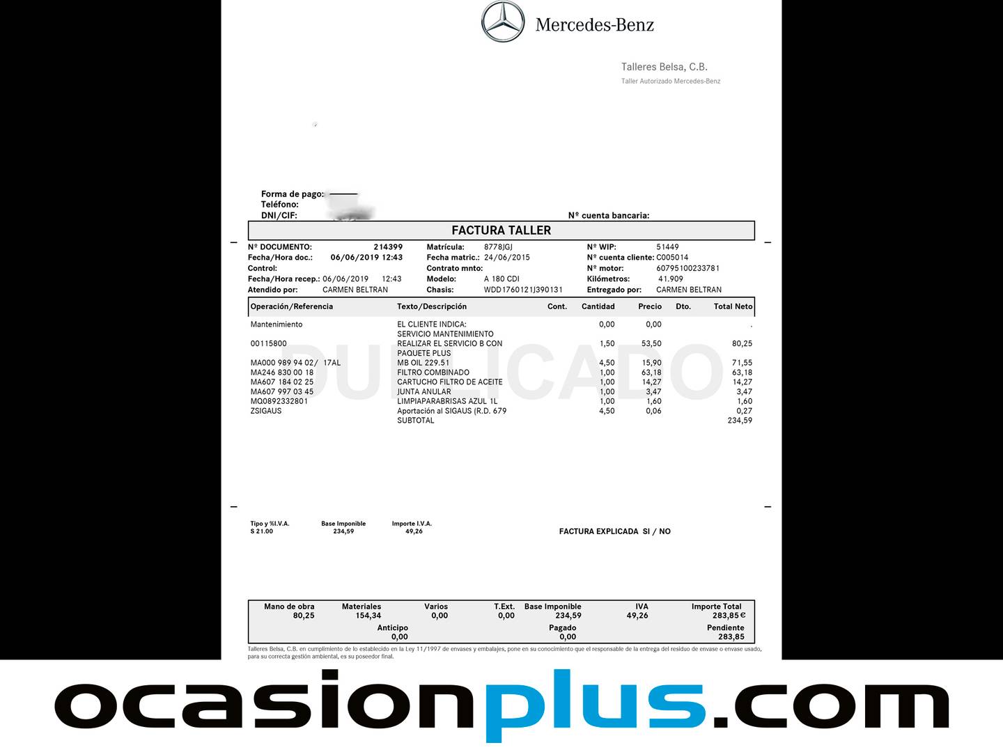 Foto del mantenimiento del Mercedes Clase A Mercedes Clase A Clase A 180 CDI Urban (109 CV)