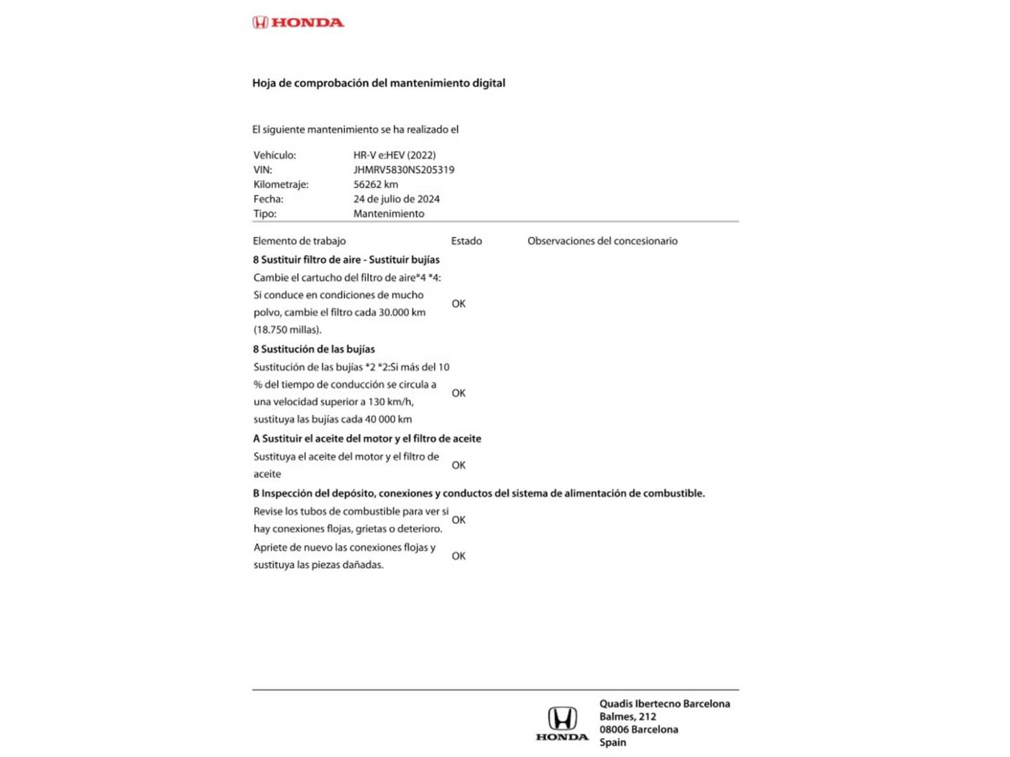 Foto del mantenimiento del Honda HR-V Honda HR-V 1.5 i-MMD Advance 4x2 Auto (131 CV)