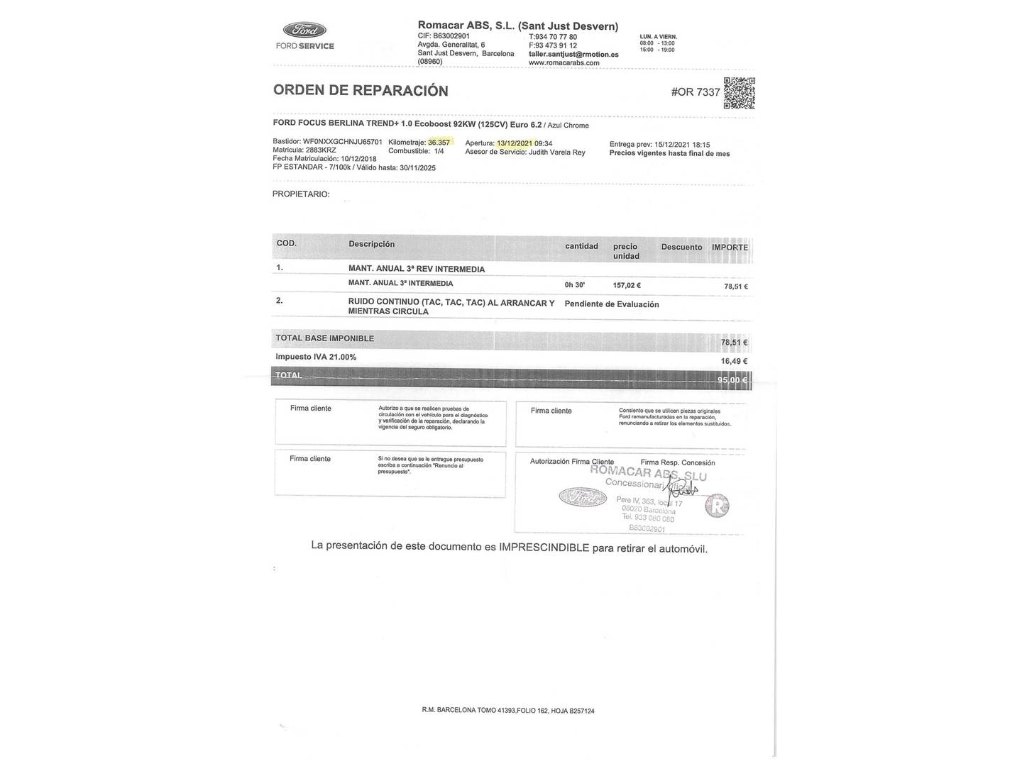 Foto del mantenimiento del Ford Focus Ford Focus 1.0 Ecoboost Trend+ (125 CV)