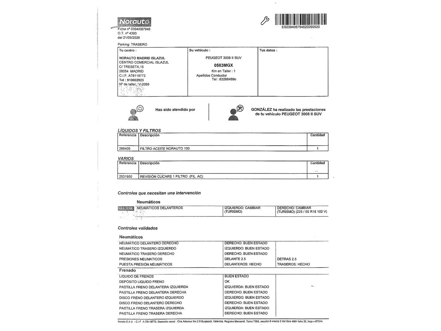 Foto del mantenimiento del Peugeot 3008 Peugeot 3008 PureTech 130 S&S Allure Pack (130 CV)