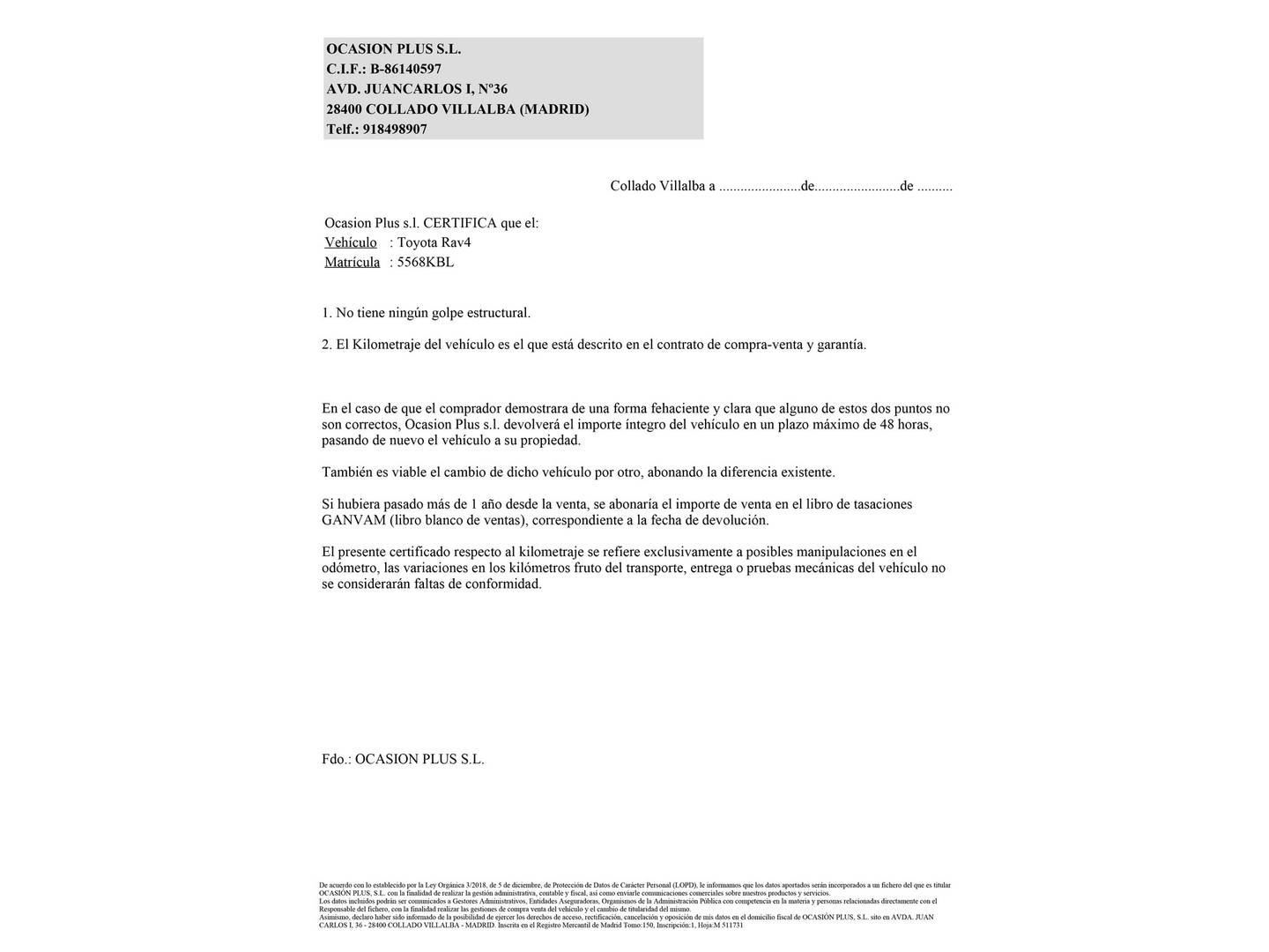 Foto del certificado del Toyota Rav4 Toyota Rav4 2.5l hybrid Advance 2WD (197 CV)