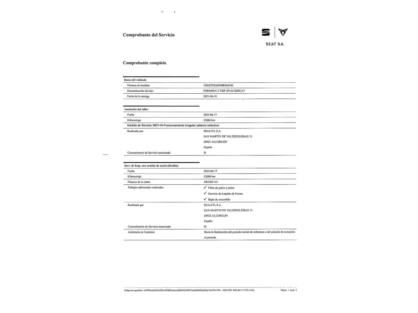 Foto del mantenimiento del Cupra Formentor Cupra Formentor 1.5 TSI DSG (150 CV)