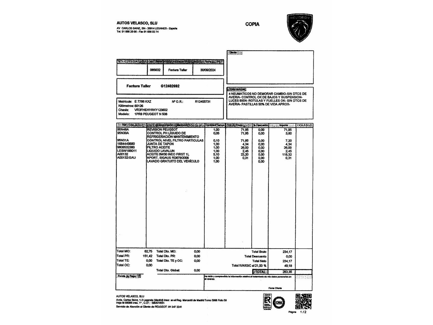 Foto del mantenimiento del Peugeot 508 Peugeot 508 BlueHDi 160 S&S GT Line EAT8 (160 CV)