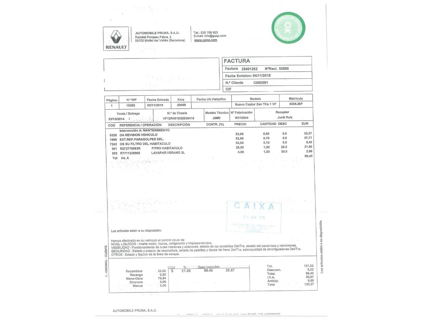 Foto del mantenimiento del Renault Captur Renault Captur Zen Energy TCe (120 CV) EDC