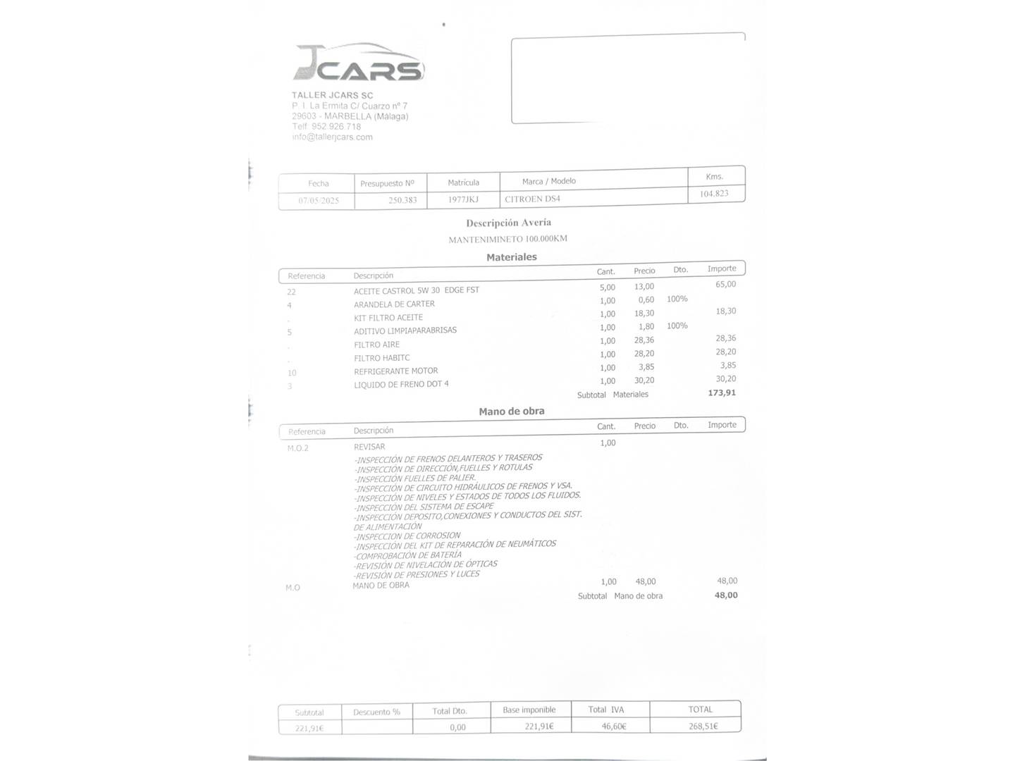 Foto del mantenimiento del DS DS4 Citroen DS4 1.6 e-HDi S&S Style 84 kW (114 CV)