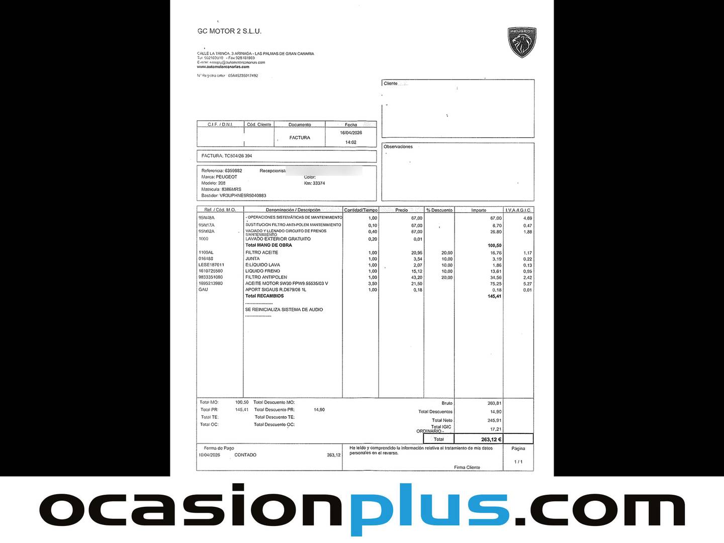Foto del mantenimiento del Peugeot 208 Peugeot 208 PureTech 100 Allure (100 CV)