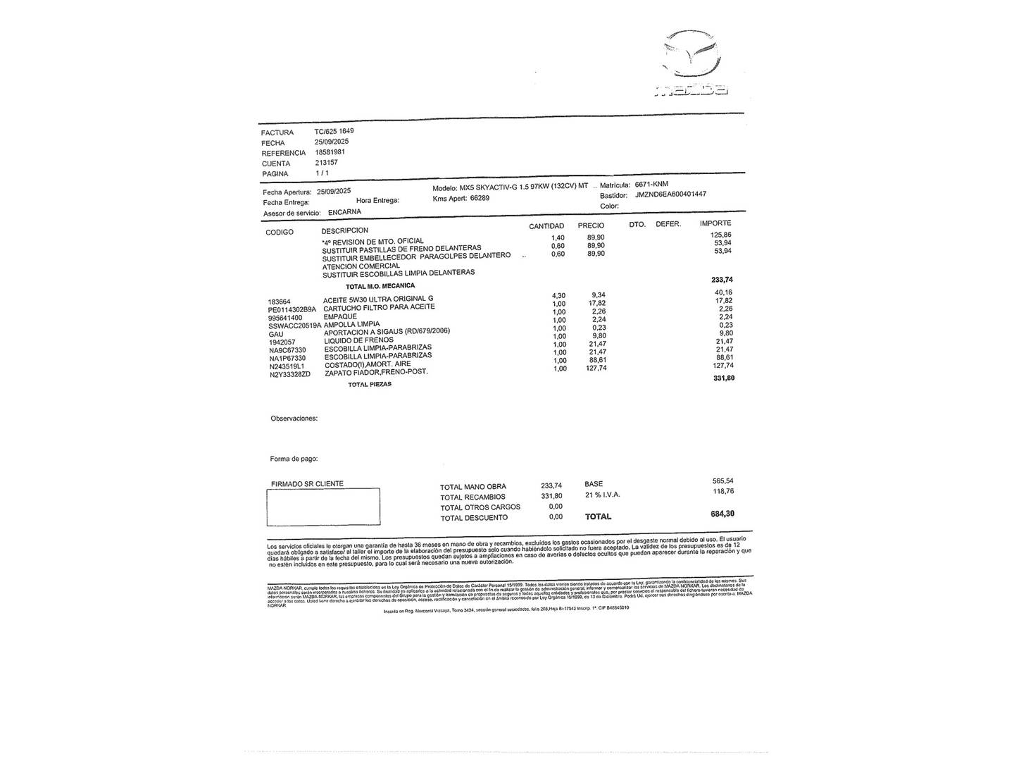 Foto del mantenimiento del Mazda MX-5 Mazda MX-5 1.5 Zenith Nappa Safety RF (132 CV)