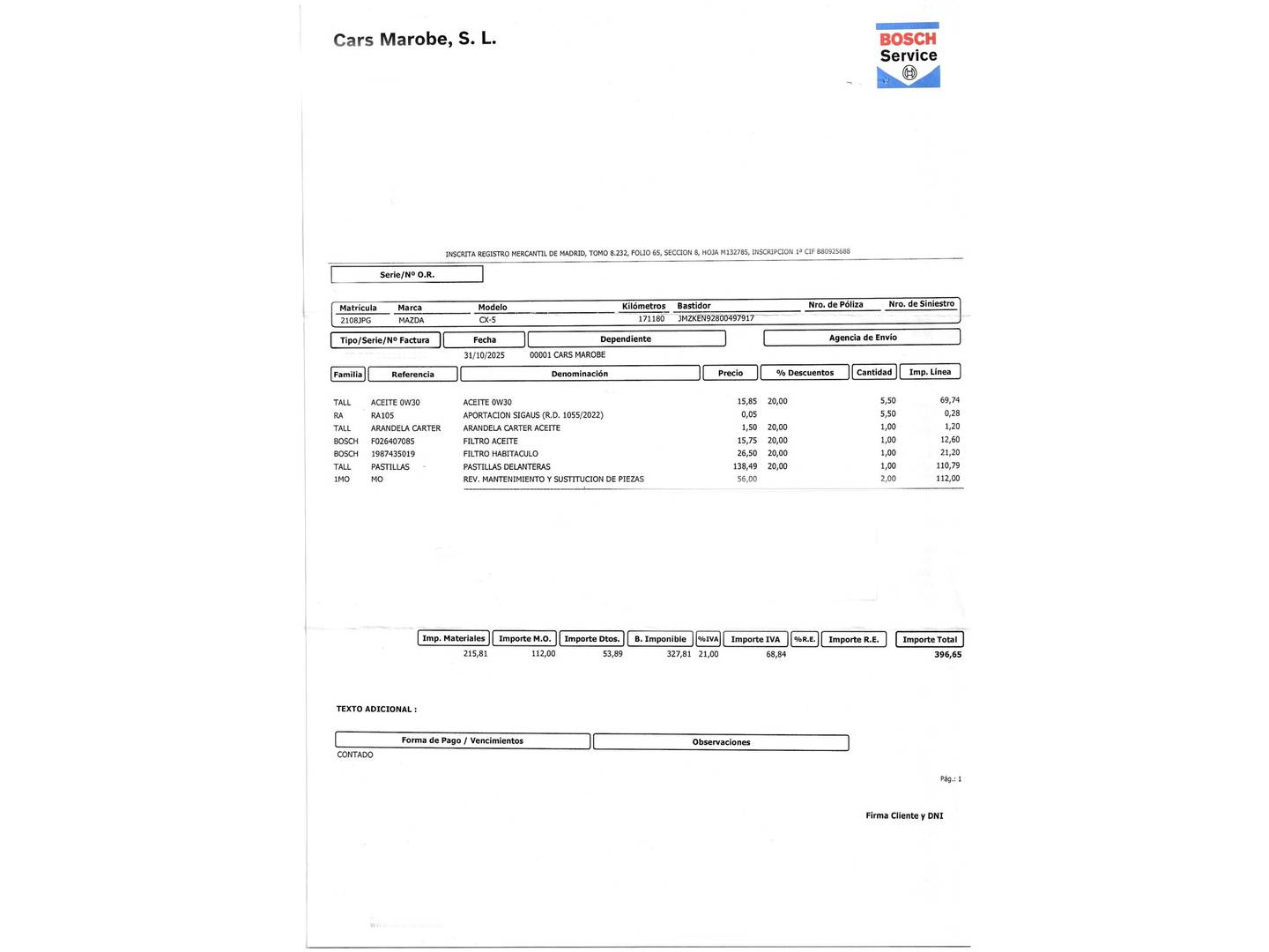 Foto del mantenimiento del Mazda CX-5 Mazda CX-5 2.2 DE Luxury + Premium + Travel + SunRoof 4WD Auto (175 CV)