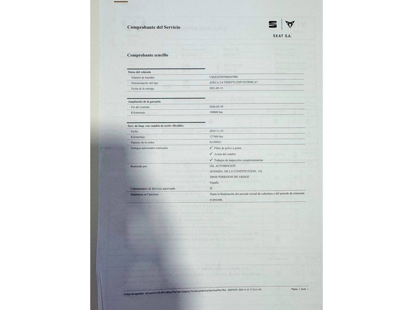 Foto del mantenimiento del Seat Ateca Seat Ateca 2.0 TDI S&S Style Go DSG (150 CV)