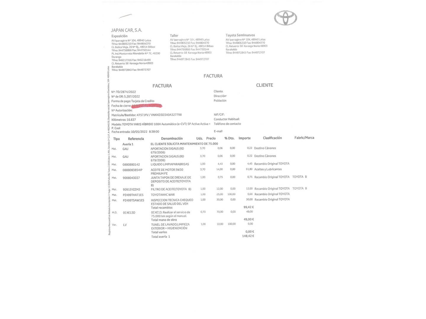Foto del mantenimiento del Toyota Yaris Toyota Yaris 1.5 Hybrid Active (100 CV)