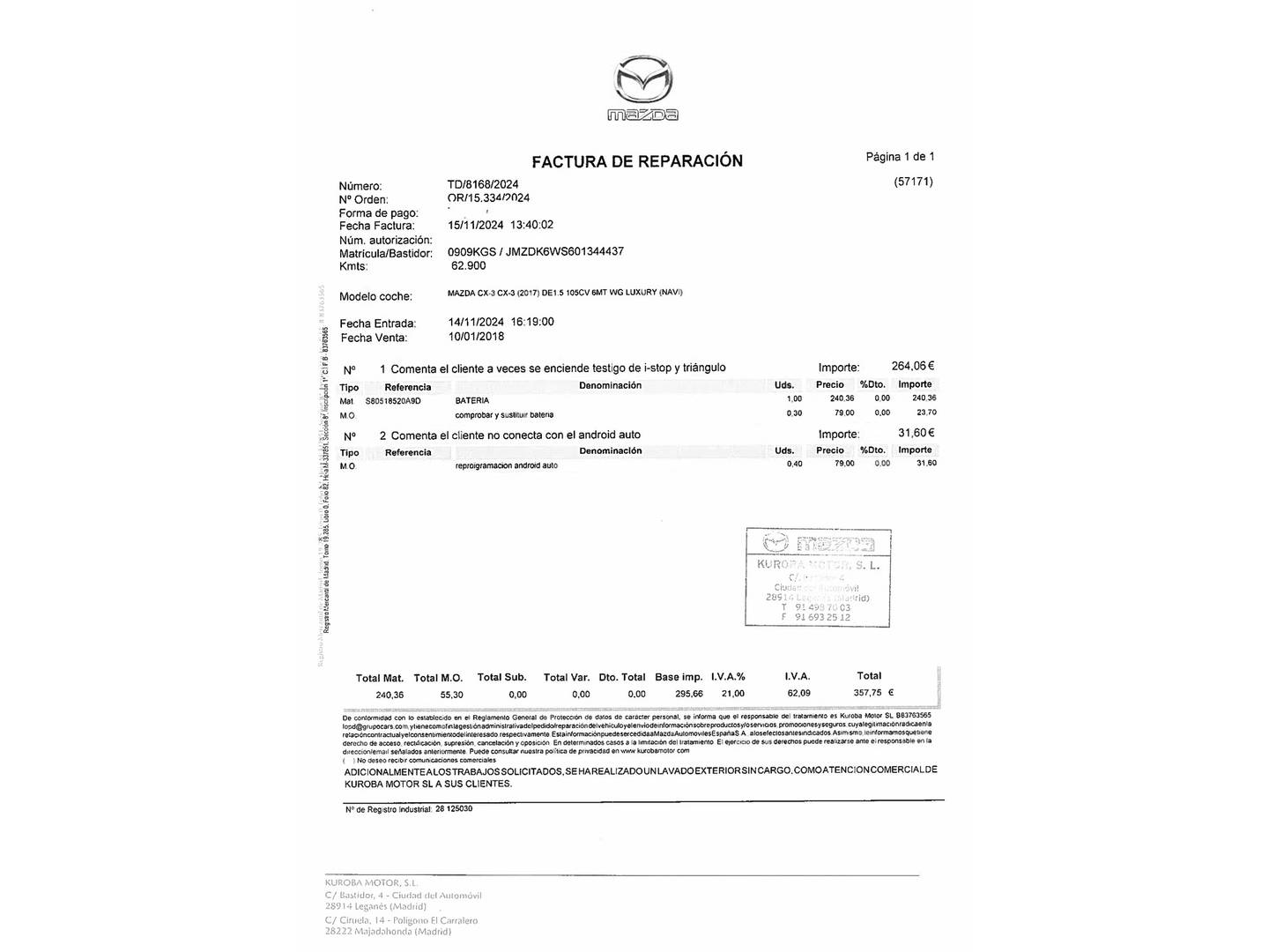 Foto del mantenimiento del Mazda CX-3 Mazda CX-3 1.5 DE SKYACTIV Luxury 2WD (105 CV)