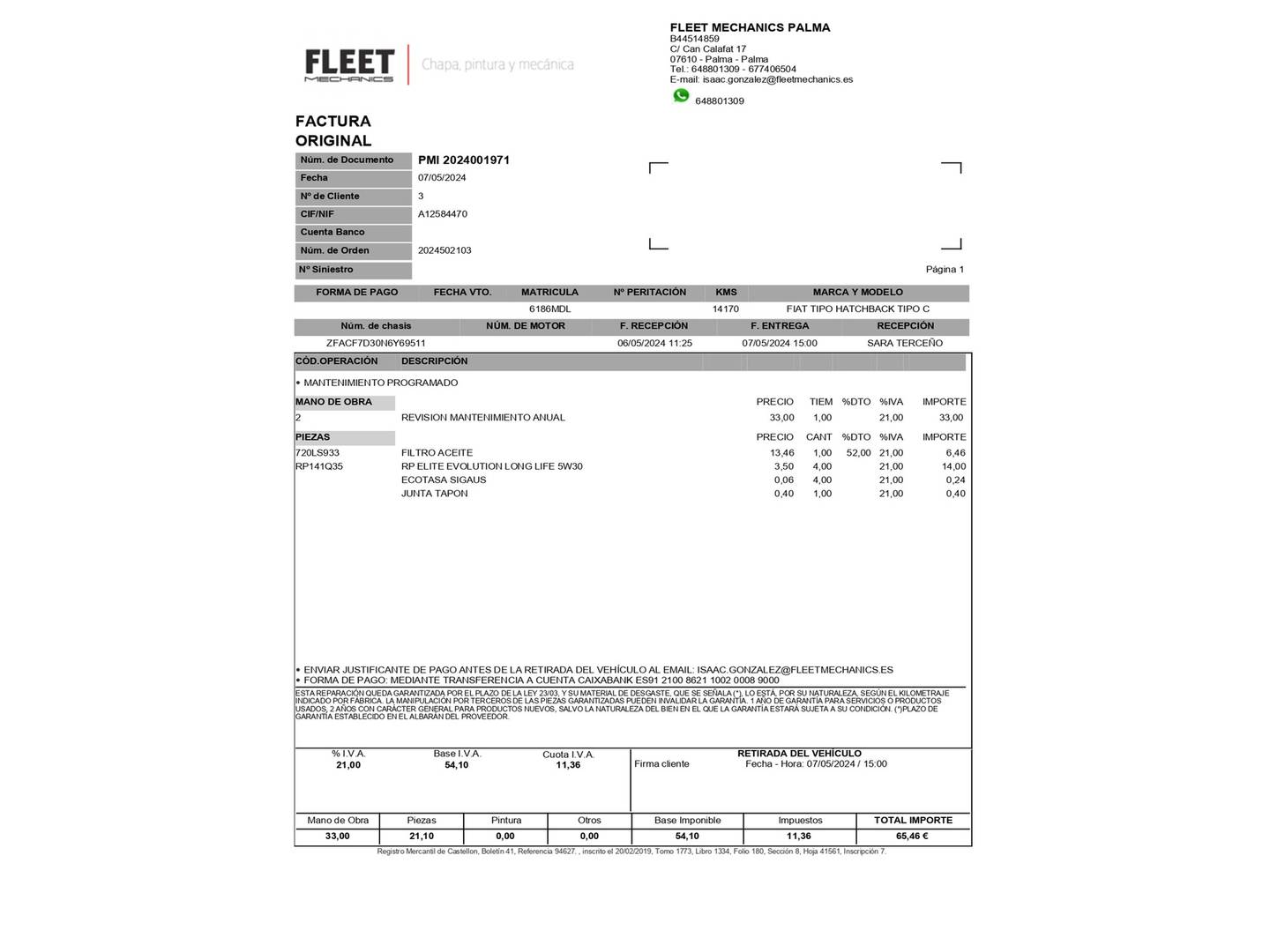 Foto del mantenimiento del Fiat Tipo Fiat Tipo 1.0 City Life (101 CV)