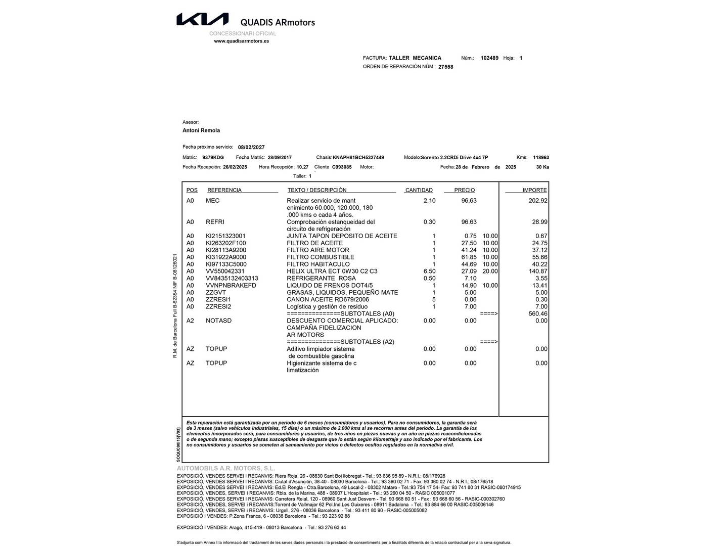 Foto del mantenimiento del KIA Sorento KIA Sorento 2.2 CRDi Drive 4x4 (200 CV) 7 Plazas