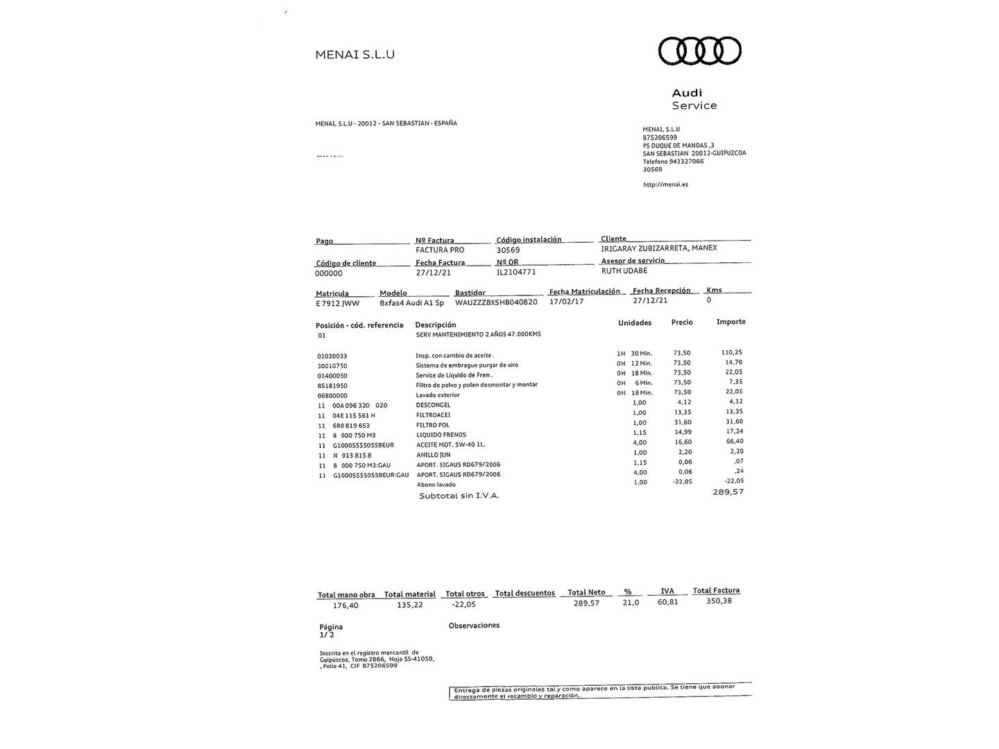 Foto del mantenimiento del Audi A1 Audi A1 Sportback Adrenalin 1.0 TFSI (95 CV) Pack S-Line