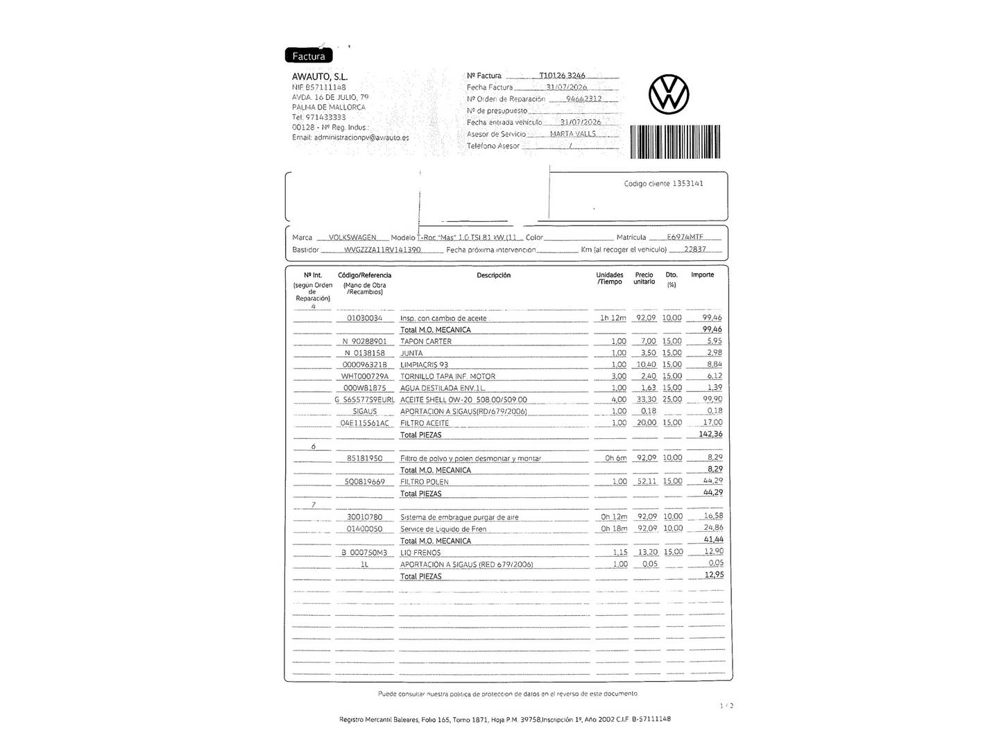 Foto del mantenimiento del Volkswagen T-Roc Volkswagen T-Roc Life 1.0 TSI (110 CV)